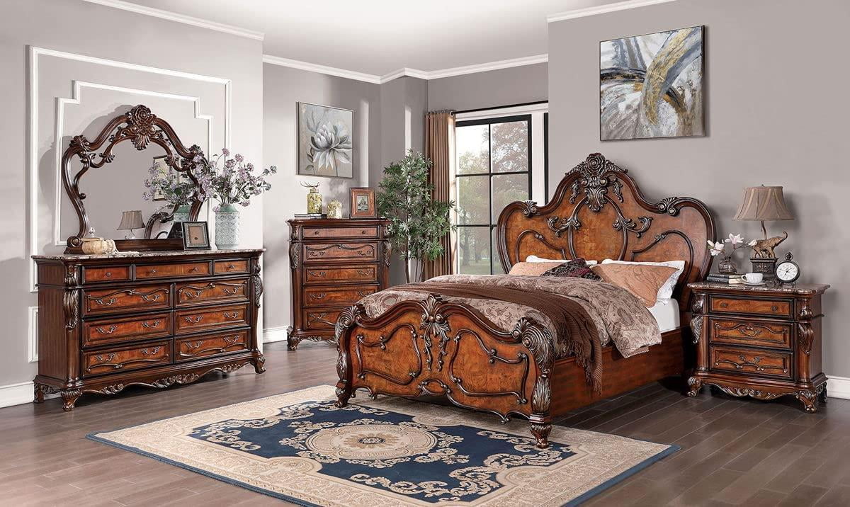 Antique Dark Oak Solid Wood Queen Bedroom Set 5pcs FOA CM7183 Rosewood