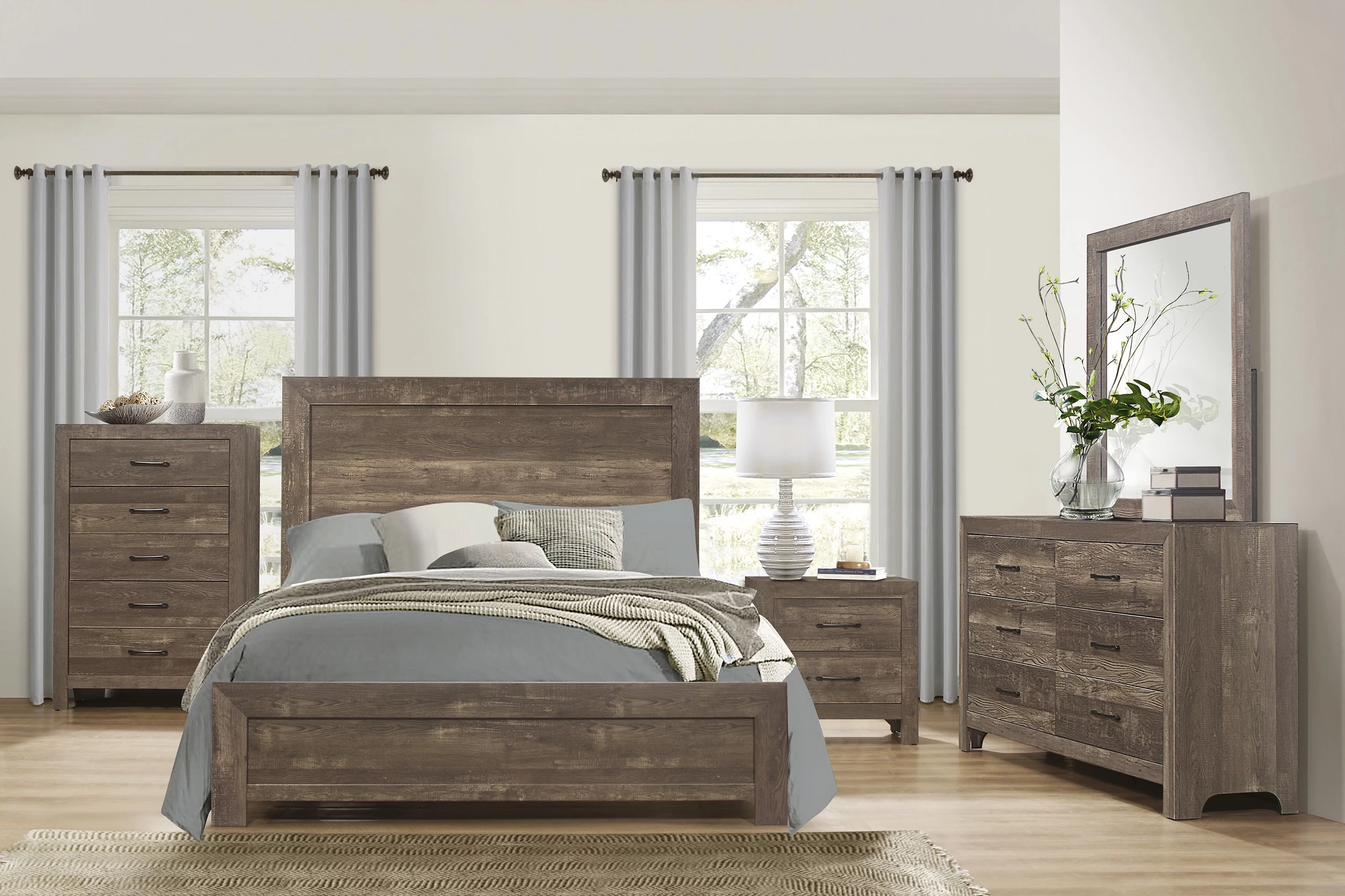 Bedroom Furniture Full Size Sleigh Bed Dresser Mirror Night Stand Rustic Brown Finish