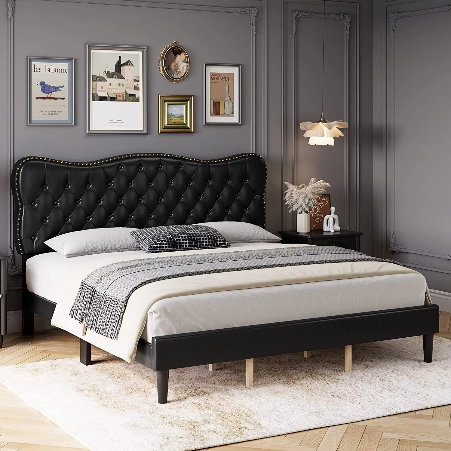 Queen Size Bed Frames Platform Upholstered Bed with Diamond Tufted and Adjustable Headboard No Box Spring Needed for Bedroom Bedroom Furniture in Beige
