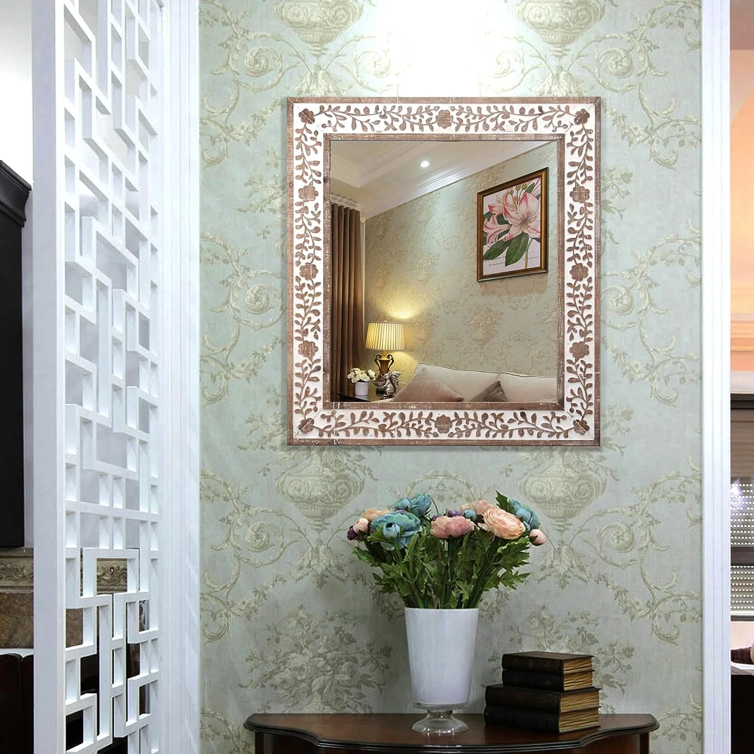 Wood Wall-Mounted Mirror with Carved Frame Details,Farmhouse Antique Decorative Mirror for Living Room, Bedroom, Bathroom, Kitchen or Hallway, 31.2