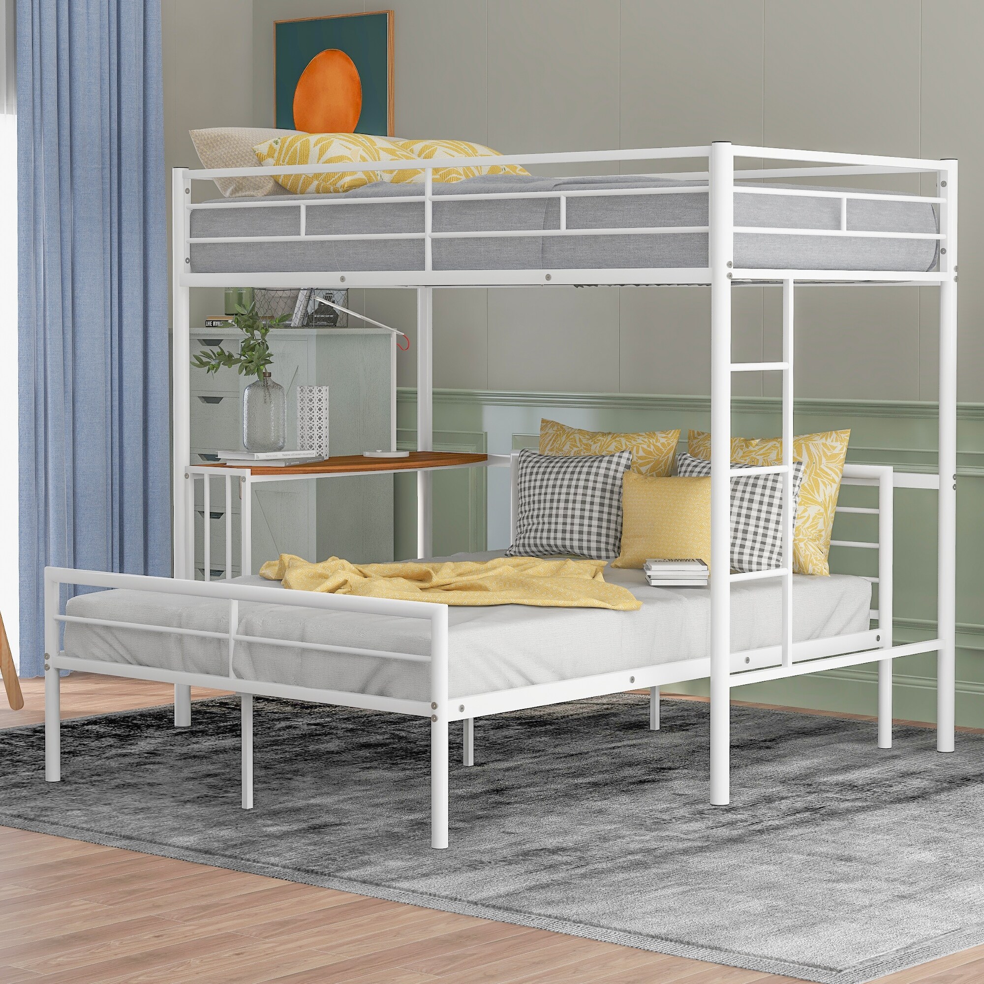 Nestfair Twin Over Full Metal Bunk Bed with Desk and Ladder White