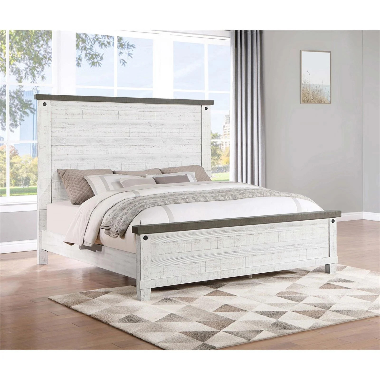 Pemberly Row Wood Queen Panel Bed in Distressed Gray and White