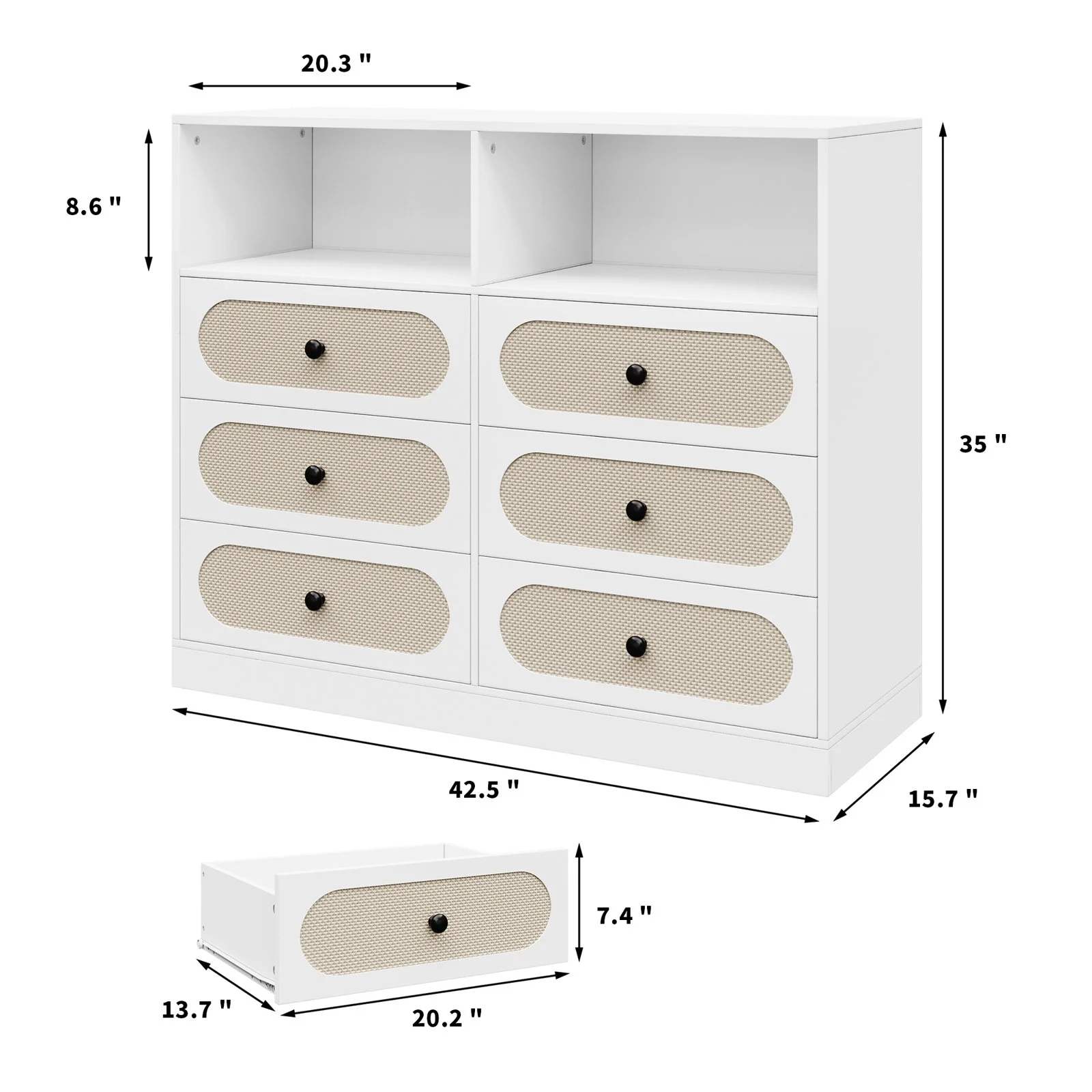 Homfa 6 Drawer Rattan Dresser with Shelves, Modern Wicker Chest Storage Cabinet for Bedroom Living Room, White