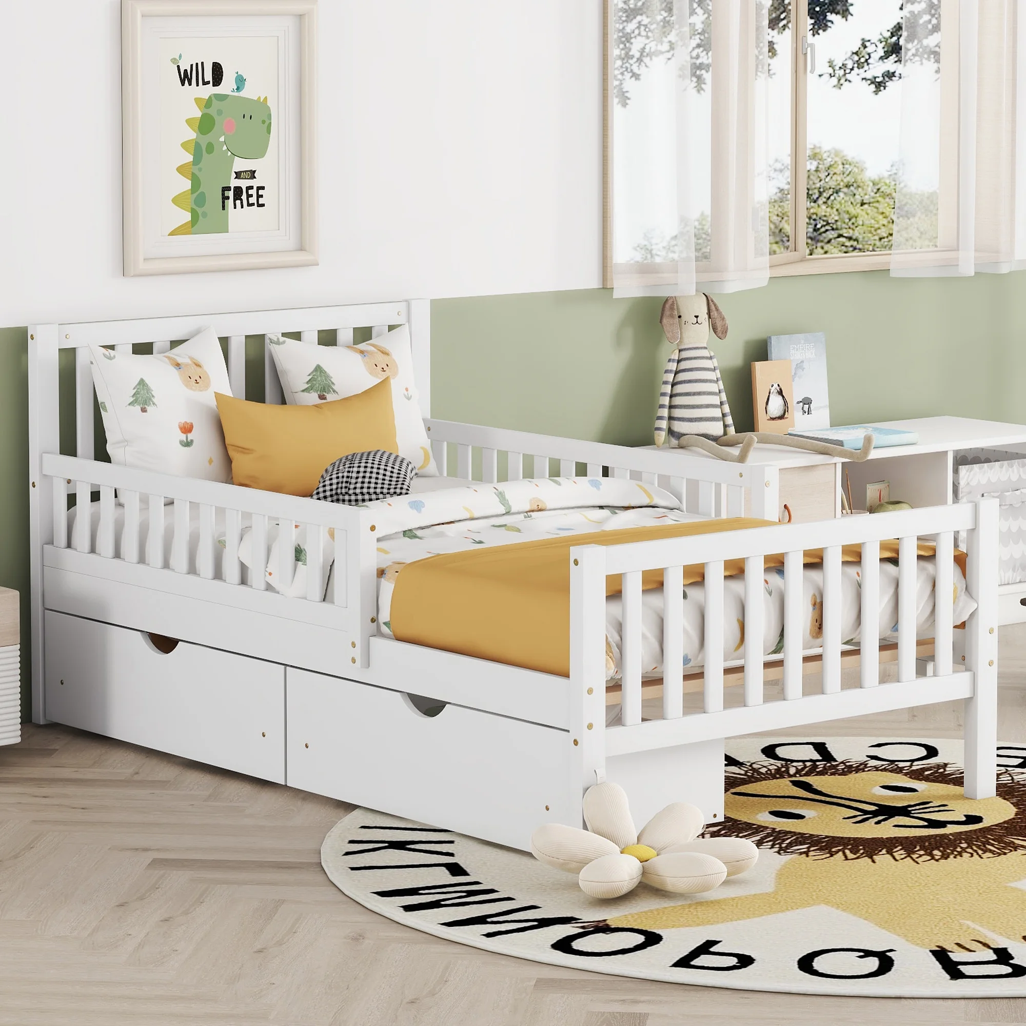 BTMWAY White Wood Twin Bed Frame with Storage Drawers, Twin Platform Bed Frame with Headboard, Guardrails on Both Sides, Twin Size Bed Frame No Box Spring Needed for Kids Boys Girls Teens