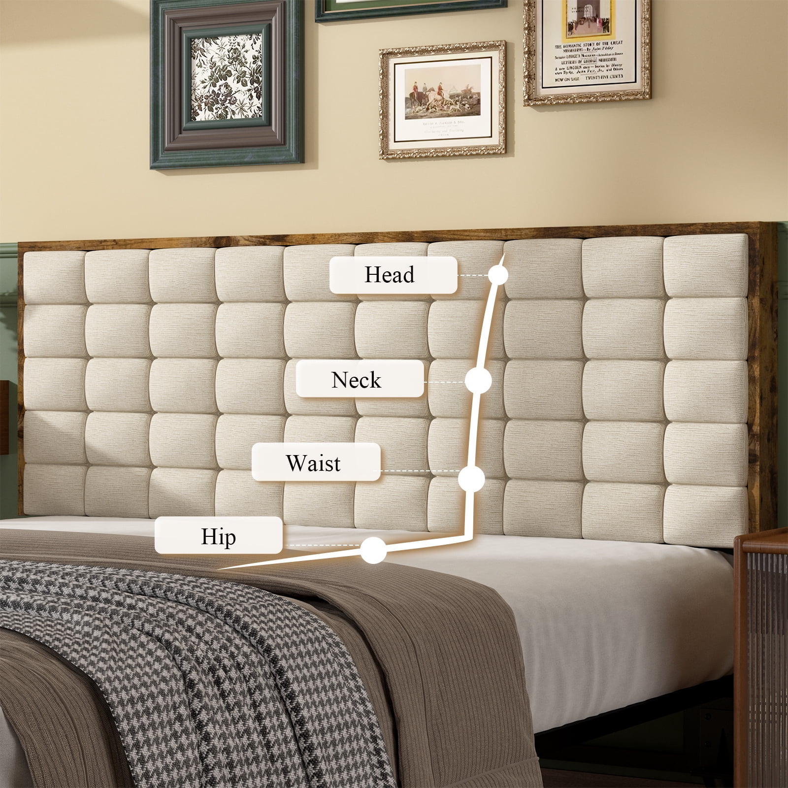 Mid Century Modern Full Bed Frame, Wood Platform Bed Frame with Upholstered Headboard, Metal Slat Support, No Box Spring Needed