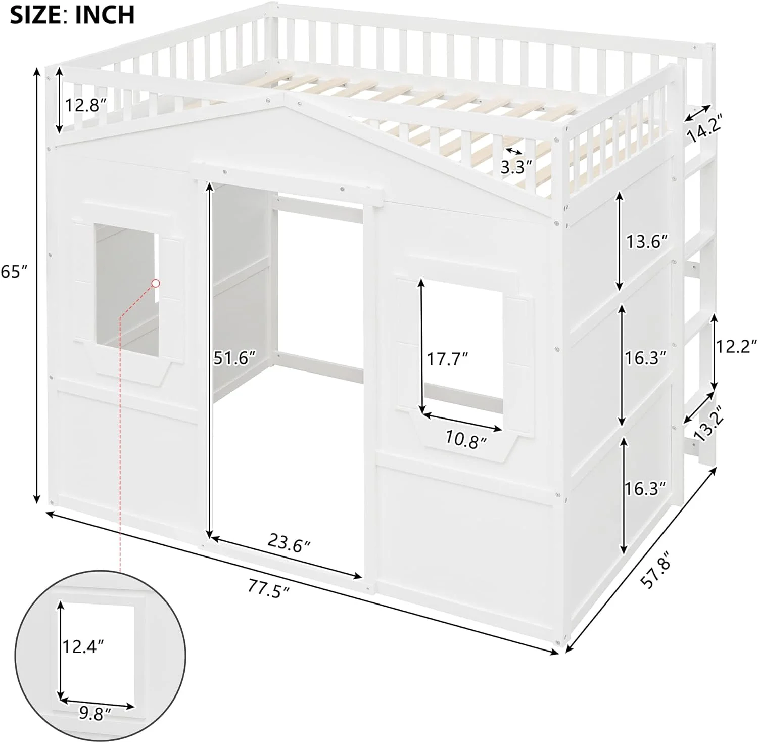 Full House Lof Bed Frame For Kids, Wood Full Lof Bed Wih Widows Ad Guardrail, Playhouse Bed, Full Size Lof Bed For Boys & Girls, o Box Sprig eeded, Uderbed Heigh Is 51 Iches, Whie