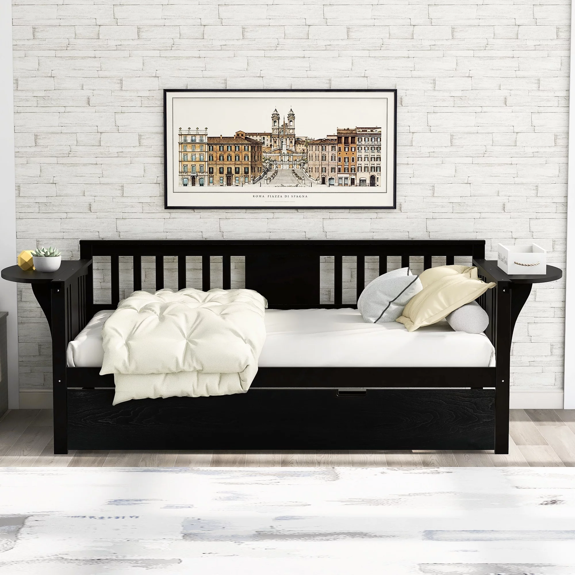 Twin Wooden Daybed Sofa Bed with Trundle and Coffee Table White