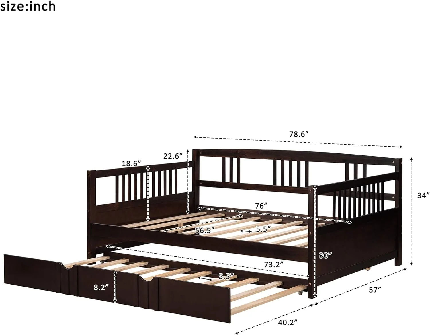 Full Size Daybed Wood Daybed Frame Wih rudle, For Kids ees Guess. o Box Sprig eeded, Bedroom Livig Room Furiure (Espresso)