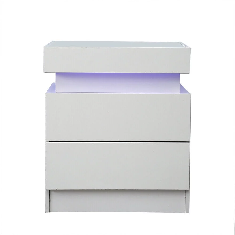 ZhdnBhnos Modern Bedroom Nightstand Furniture LED Light High Gloss Bedside Table Dresser End Table w/ 2 Drawer Beige White