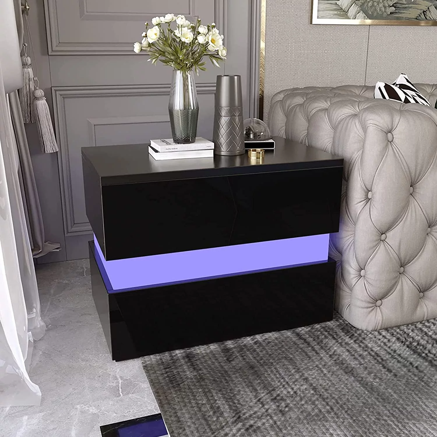 LED Nightstand Set of 2 with 2 Storage Drawers, Modern High Gloss Bedside Table with Led Lights, End Table for Bedroom Furniture, Black