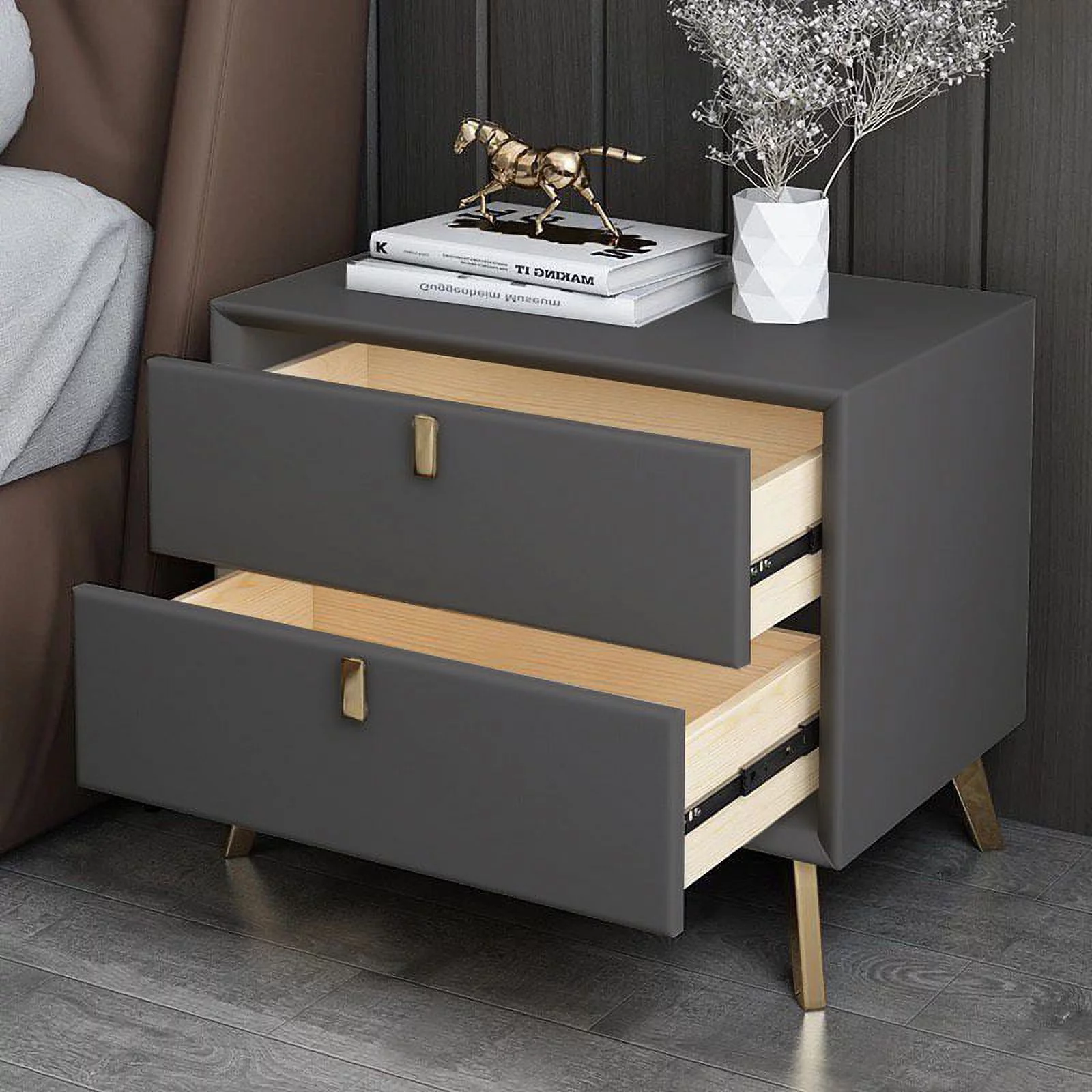Nesuncia High Quality Solid Wood Nightstand with 3 Drawer Non Toxic Bedside Table Dresser with Drawer Dark Grey Large Black Knob and Leg