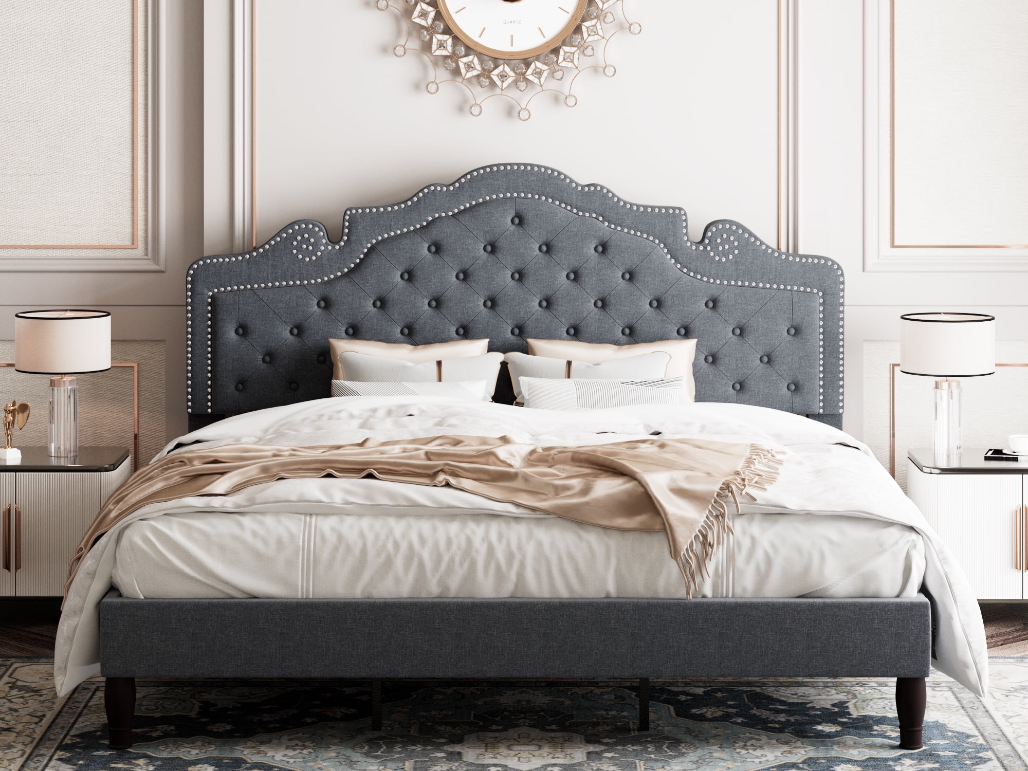 Allewie King Size Platform Bed Frame with Tiara Upholstered Diamond Button Tufted Headboard, Light Grey
