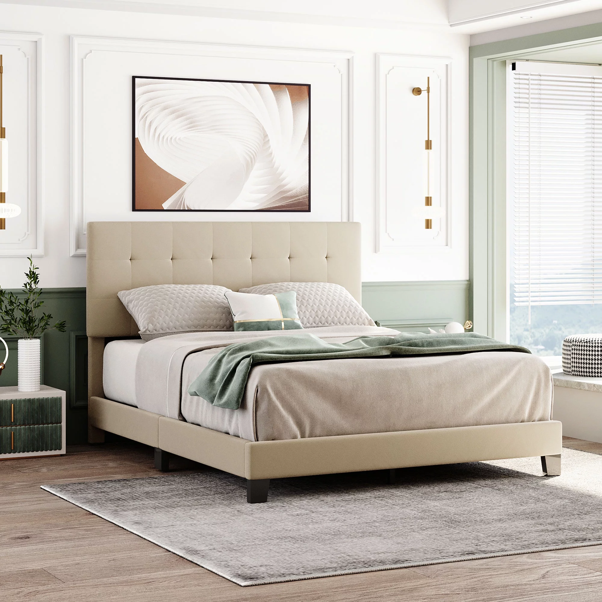 Nestfair Beige Queen Size Upholstered Platform Bed with Tufted Headboard