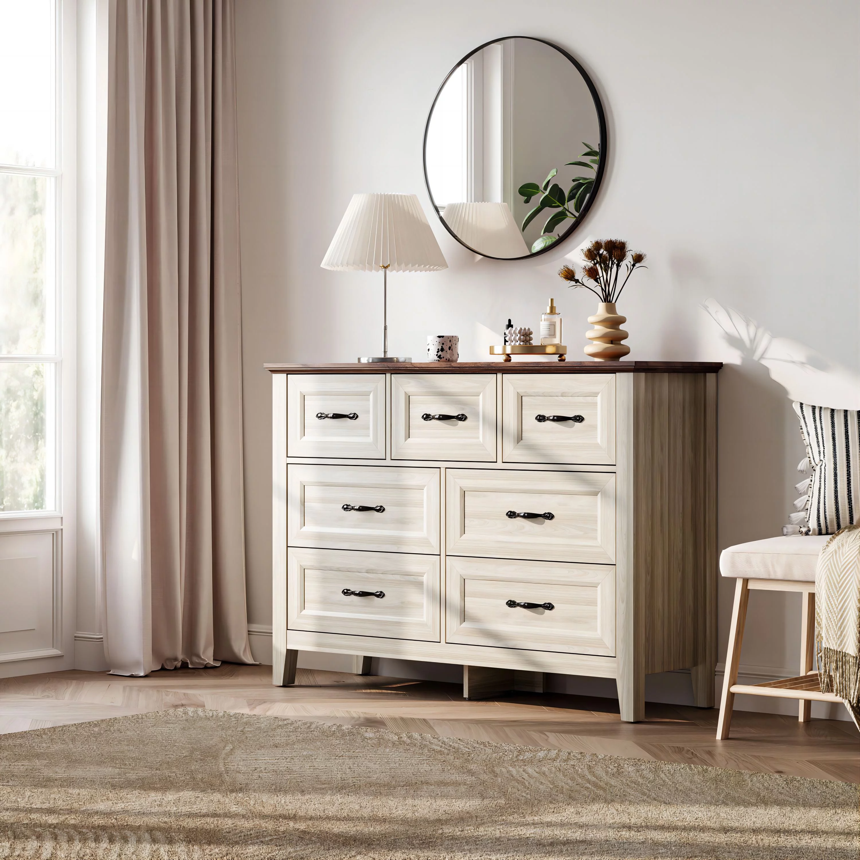 Linsy Home 7 Drawer Rustic Oak Double Dresser, Wood Storage Cabinet with Easy Pull Out Handles for Living Room, Chest of Drawers for Bedroom