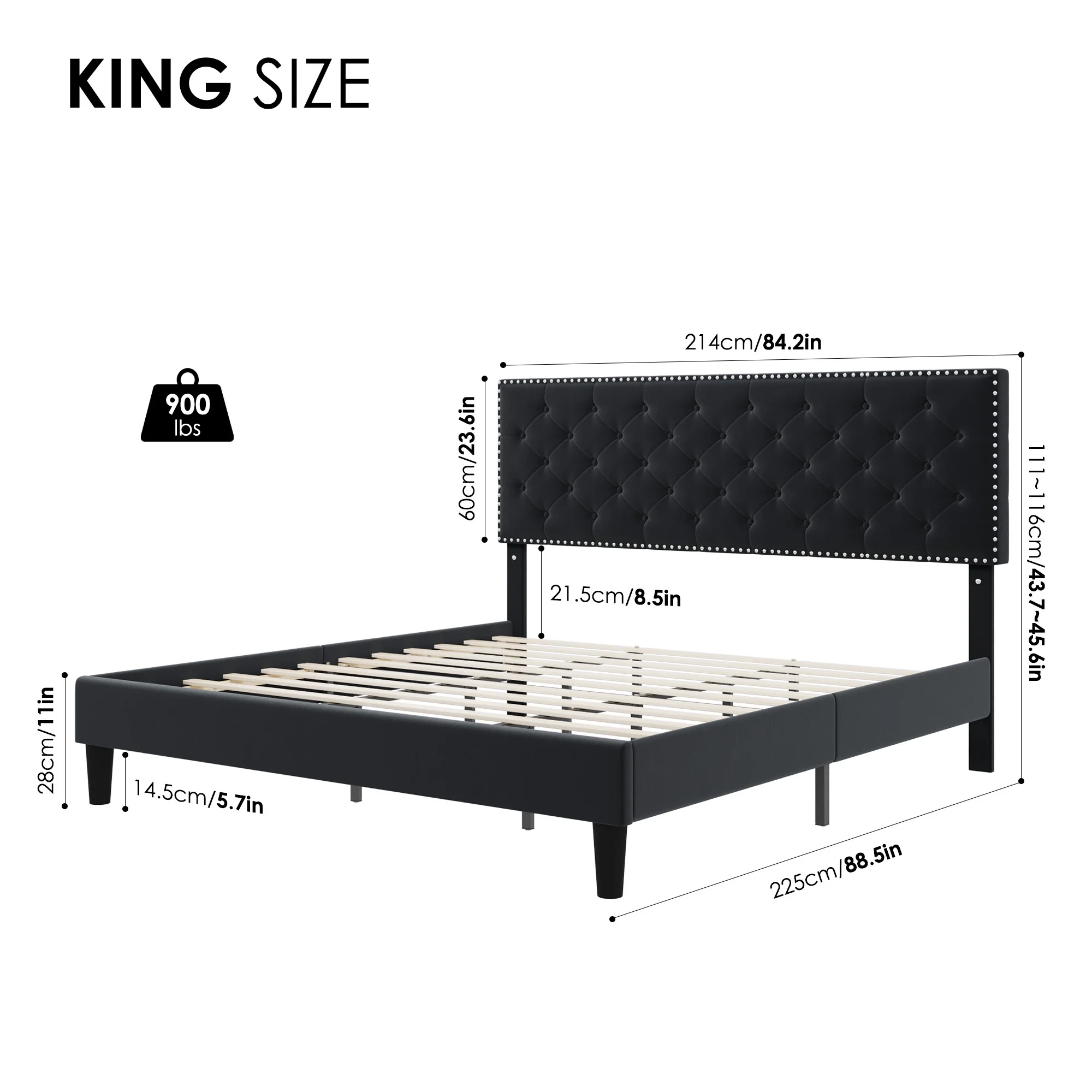 Homfa King Size Bed, Modern Upholstered Platform Bed Frame with Adjustable Headboard for Bedroom, Black