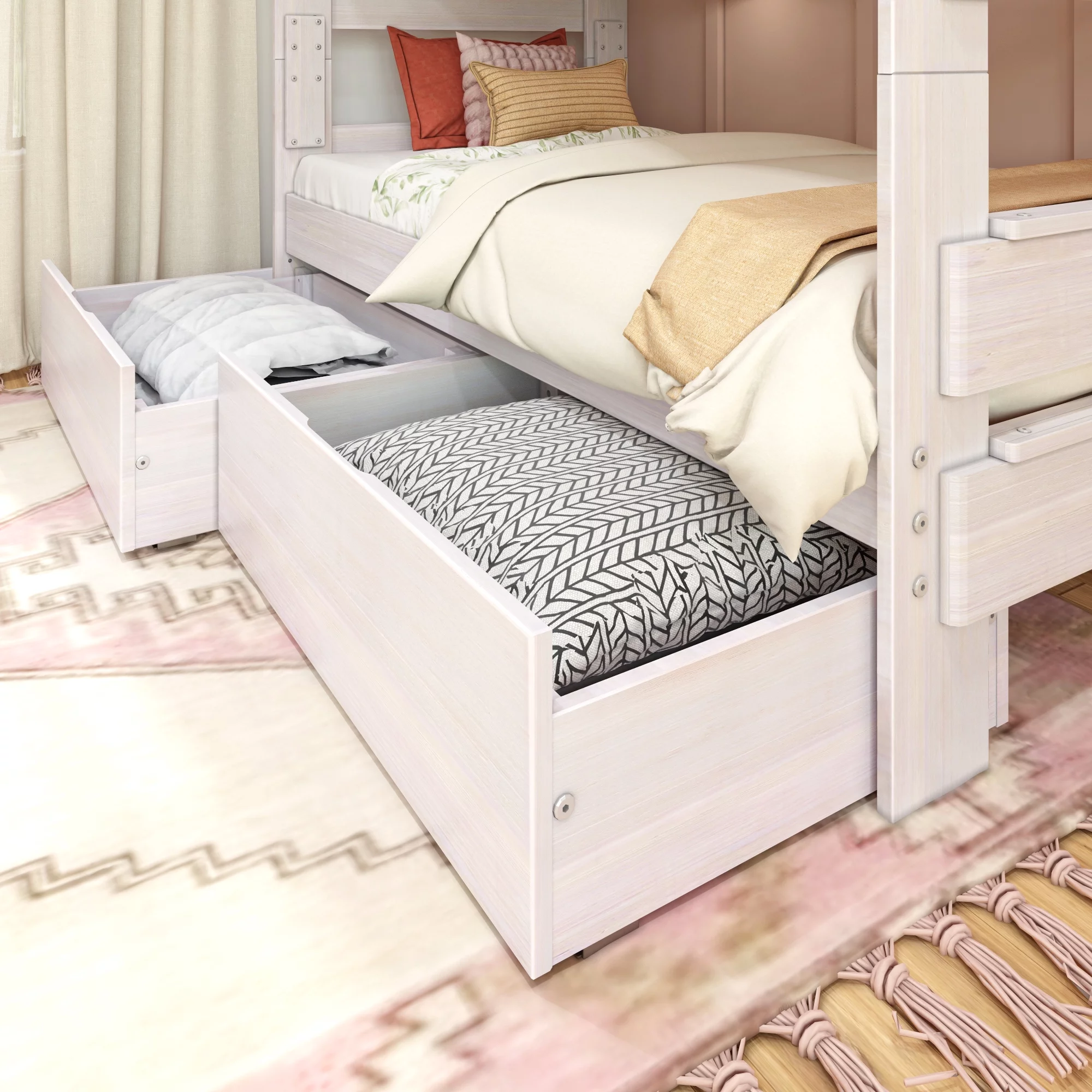 Max & Lily Modern Farmhouse Twin over Twin Bunk Bed with Storage Drawers for Kids, White Wash