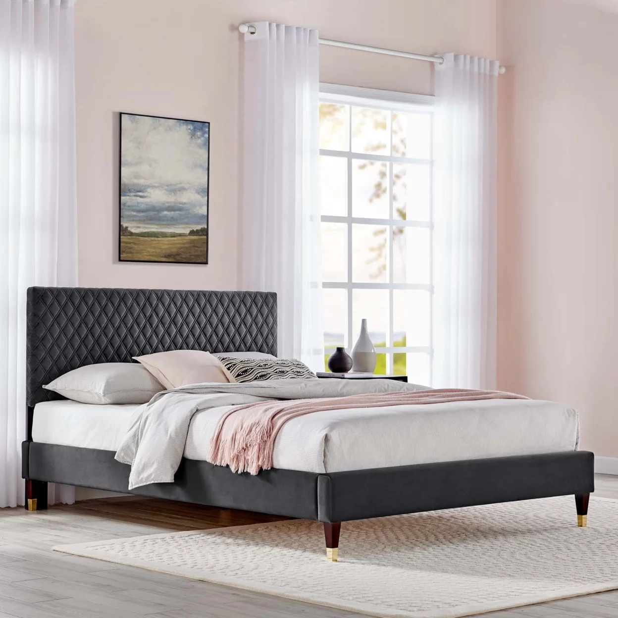 Modway Garcelle Modern Performance Velvet Queen Platform Bed in Charcoal