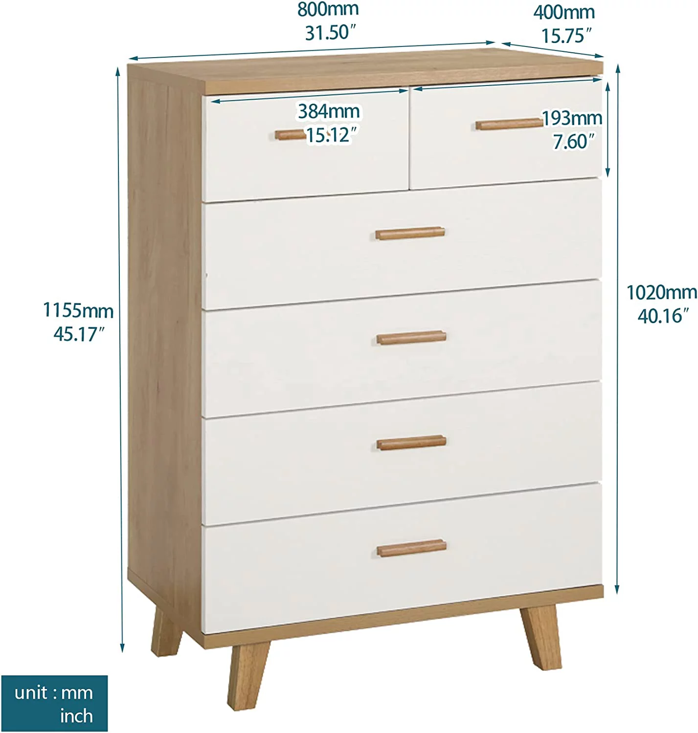 GEROBOOM Modern 6 Drawers Dresser Elegant 6 Drawers Chest Dresser Cabinet with Wood Handles and Foot Chest of Drawer Cabinet for Closet Bedroom Living Room Room