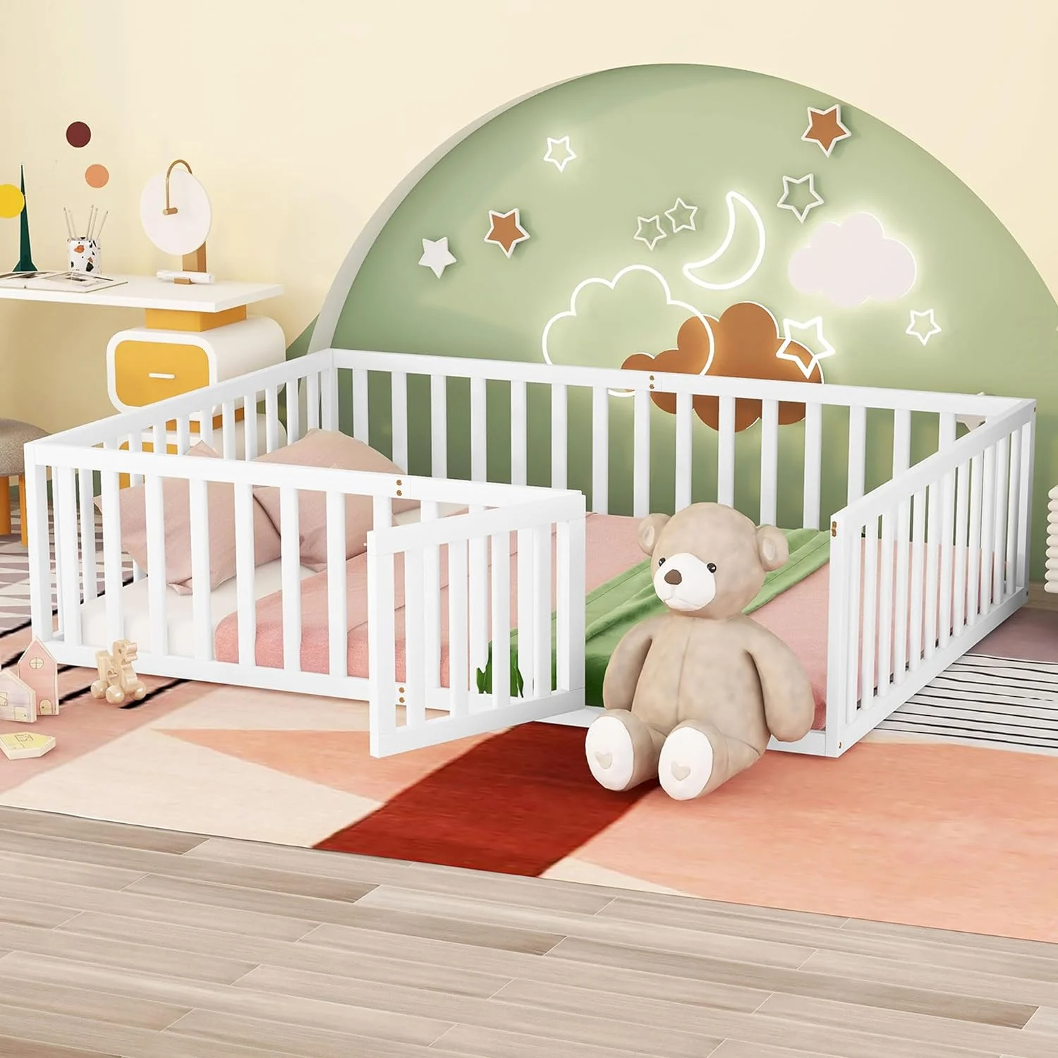JIAH Twin Size Floor Bed Frame with Safety Fence and Wood Slat, Wood Floor Bed for Kids Girls Boys,Toddler Floor Bed Frame,No Box Spring Needed,