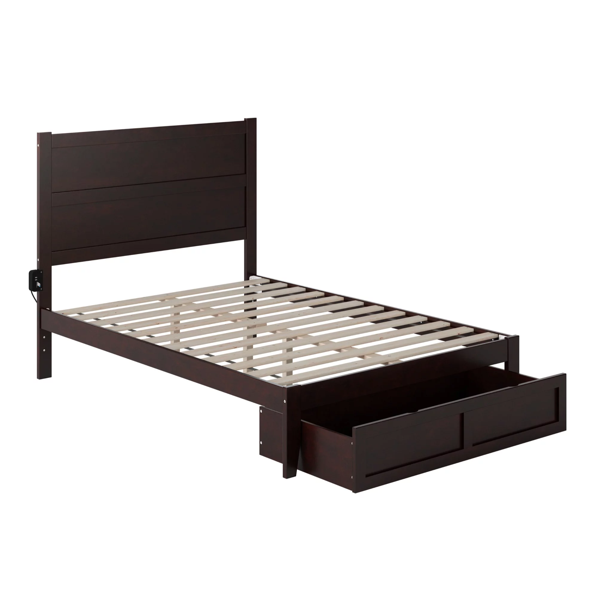 NoHo Solid Wood Platform Bed with Foot Drawer Storage & Attachable USB Charger, Espresso - Full Size