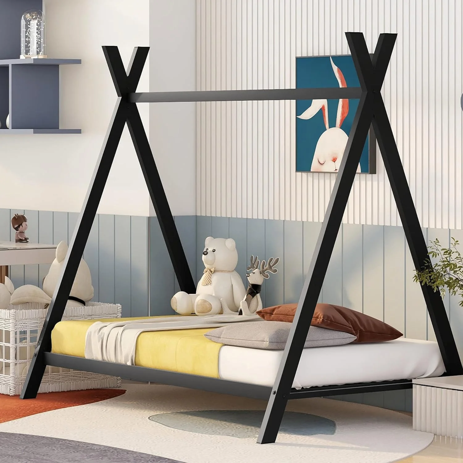Teepee Bed Metal Toddler House Bed Frame Montessori Floor Beds For Kids Boys Girls Teens, Black
