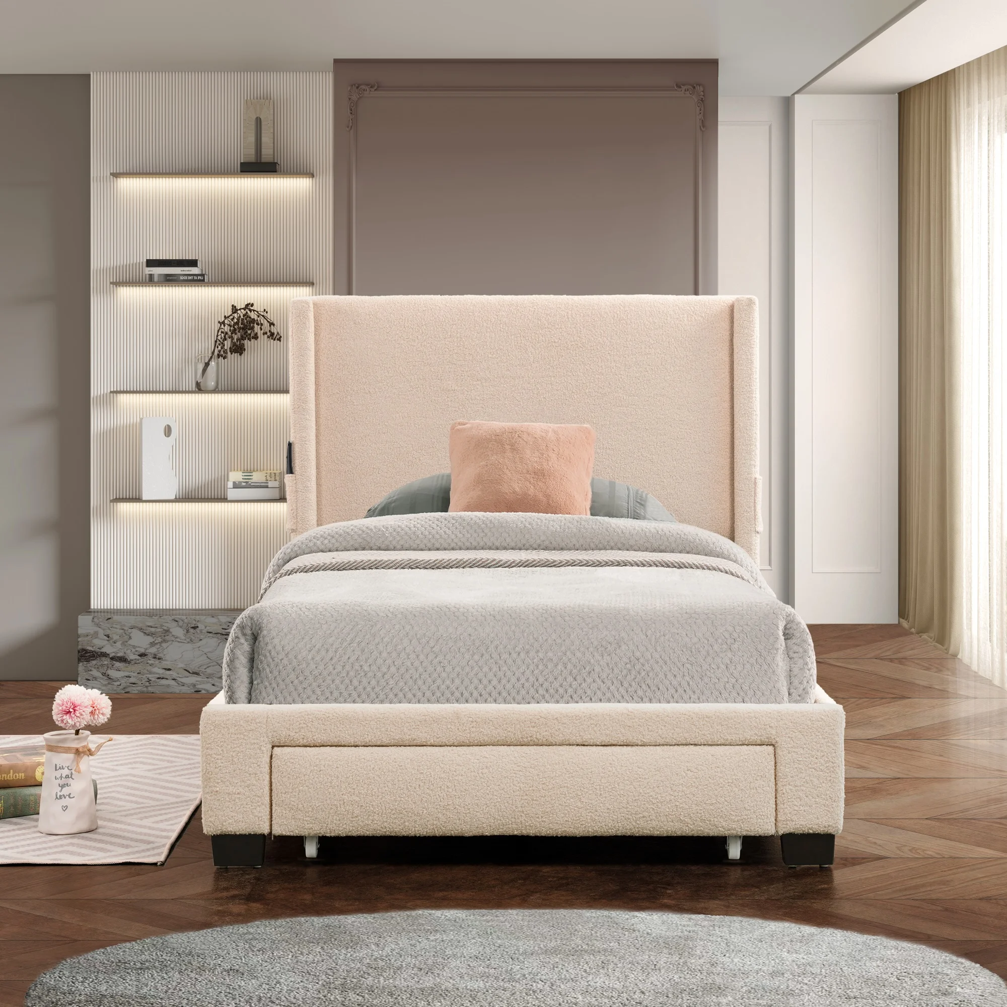 Ufurpie Twin Size Boucle Fabric Platform Bed With Big Storage Drawer&Pockets,Upholstered Bed Frame,No Box Spring Required,Beige