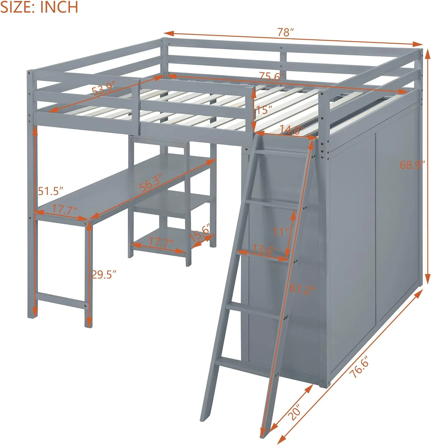 Loft Bed With Wardrobe And Desk, Solid Wood Loft Bed Frame With Storage, For Kids Teens Adults ( Size, Gray)