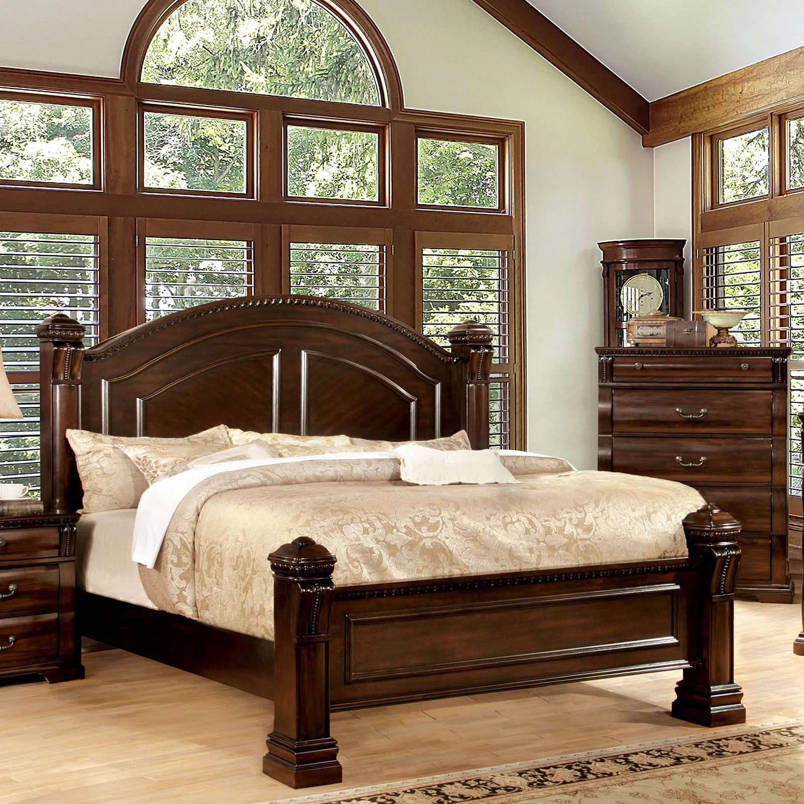 1pc Sturdy Decorative Bed Posts Traditional Eastern King Size Bed Cherry Color Posts HB FB Solid wood Bedroom Furniture
