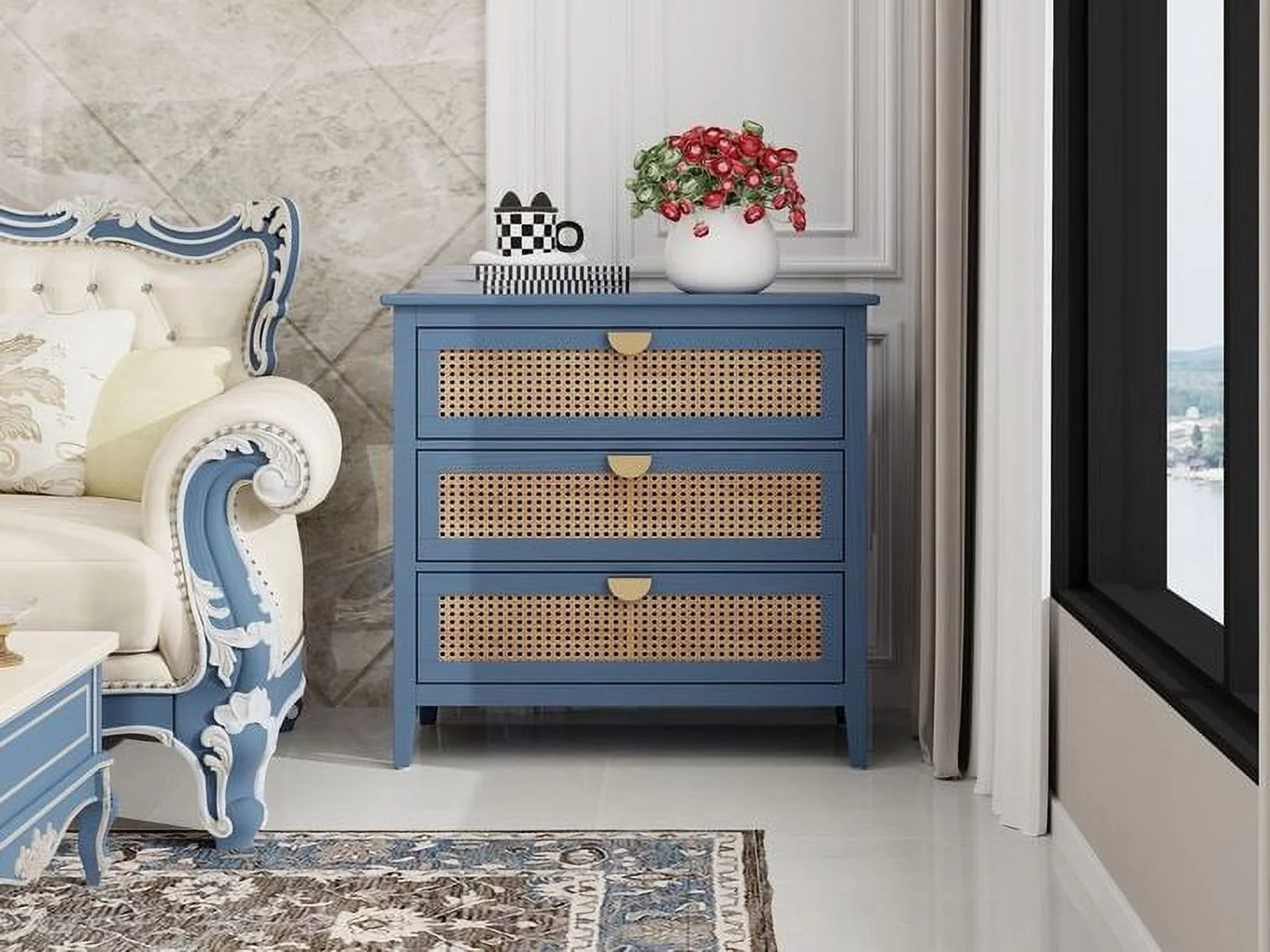 3 Drawer Dresser,Rattan Dresser for Bedroom, Mid-Century Modern Nightstands Organizer Dresser for Closet Hallway,Entryway,Living Room,Blue