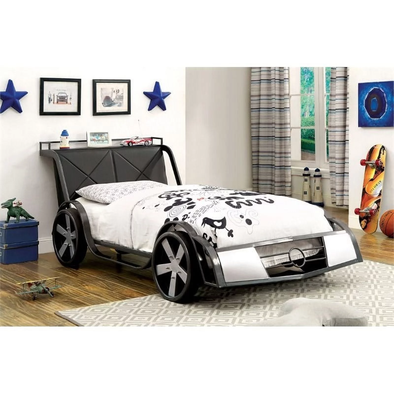 Rosebery Kids Metal Twin Racecar Bed in Gun Metal and Silver