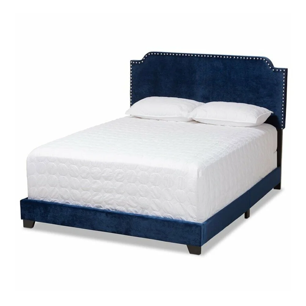 King Size Velvet Nailhead Upholstered Bed Navy