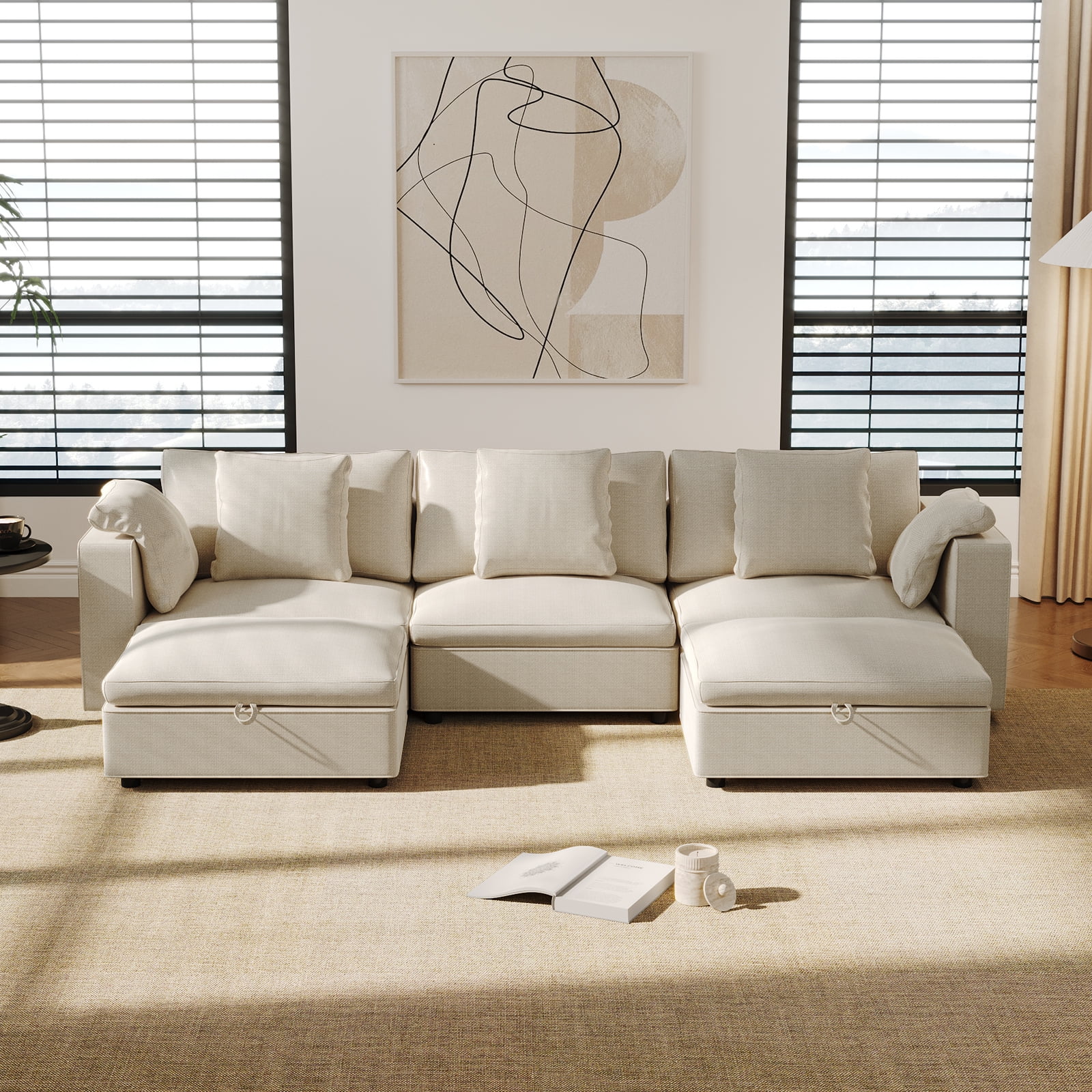 Guyii Oversized Modular Sectional Sofa Couch with Ottoman, L-Shaped Couch with Chaise Lounge, 5 Seats Sofa with Back Cushions for Apartment, Living Room, Beige