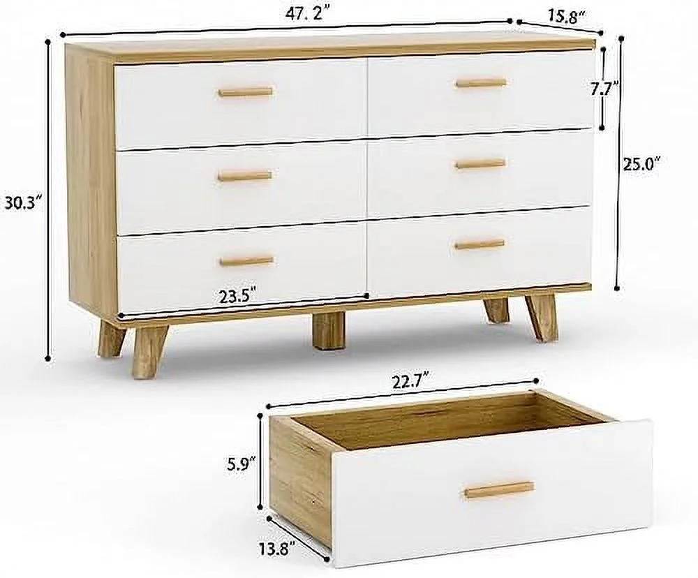 HBBOOMLIFE White Dresser 6 Drawer for Bedroom White Nursery Dresser 6 Drawer Baby Dresser for Bedroom with Solid Wood Handles & Pine Wood Legs