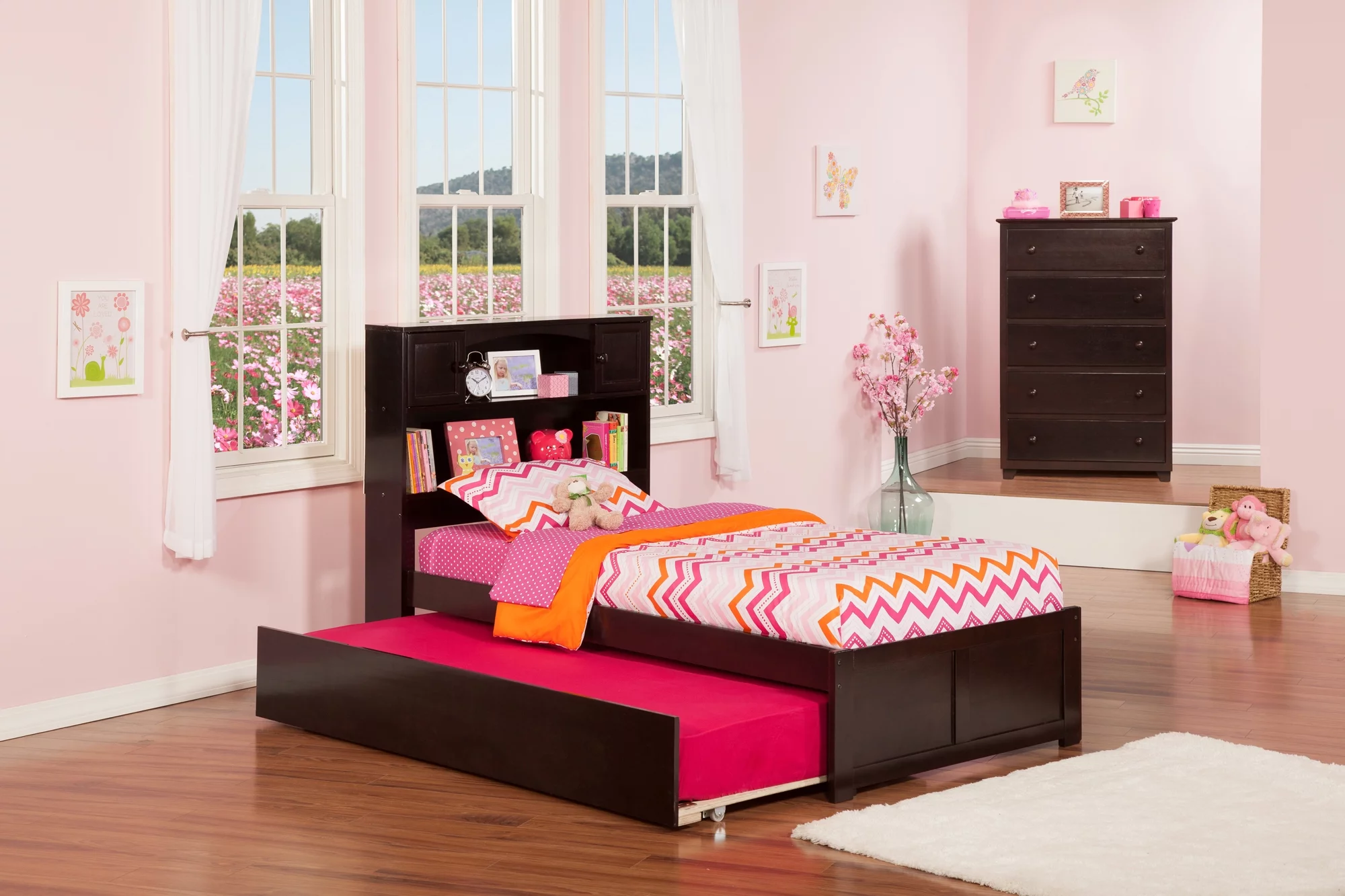 AFI Newport Twin Solid Wood Platform Bed with Footboard & Twin Trundle in Espresso