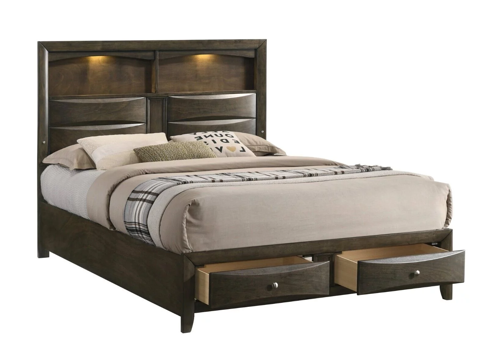 Contemporary 6pc Queen Size Platform Storage Drawer Shelve LED Bed Dresser Mirror Nightstand Chest Master Bedroom Set