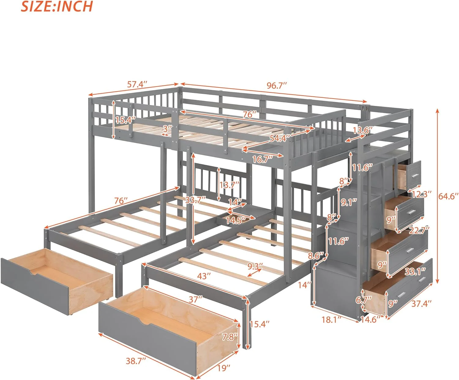 Triple Buk Bed With Stairs Ad Storage, Full Over & Buk Bed For 3, Woode Buk Bed With Drawers For Kids Tees Adults - Gray