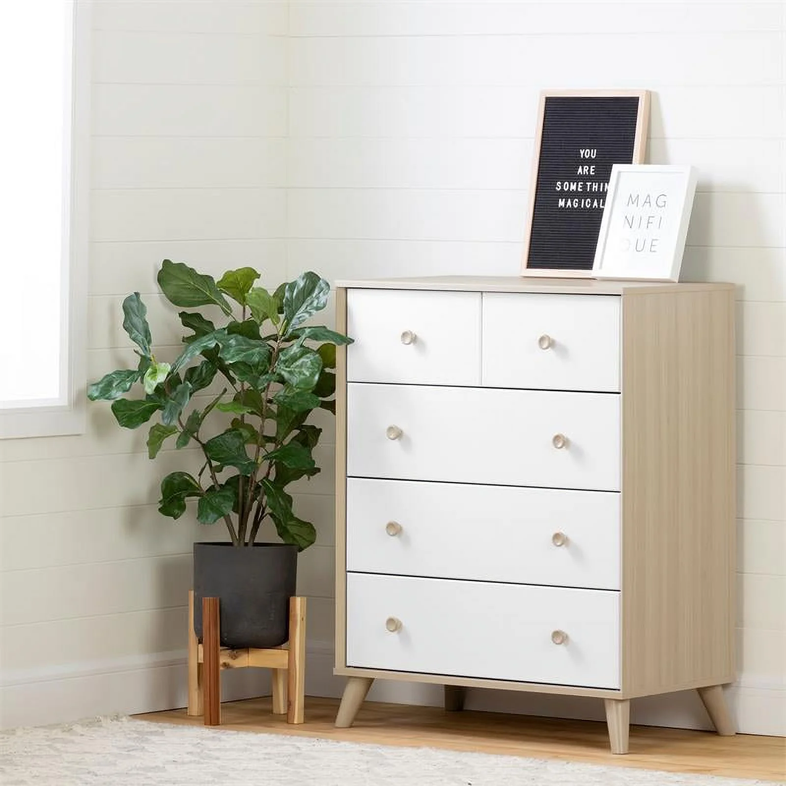 Pemberly Row Traditional 5-Drawer Chest in Soft Elm and Pure White