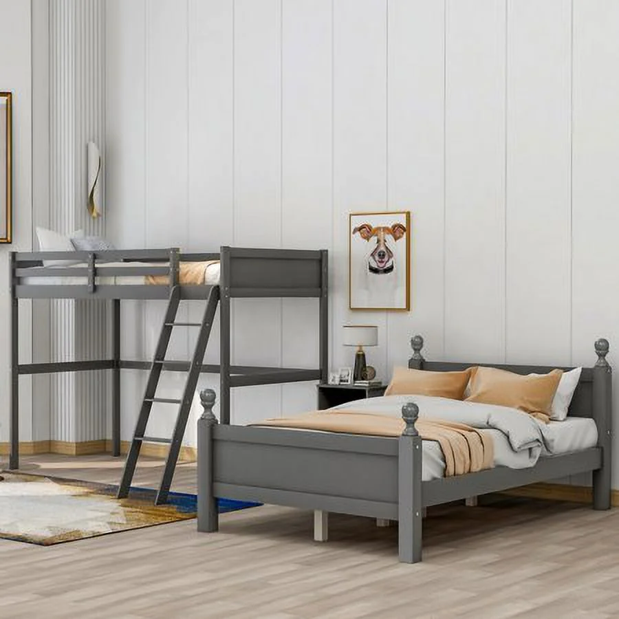 CHURANTY Twin Over Full Wooden Loft Bed with Cabinet, Ladder and Guardrail, Twin-Over-Full Bunk Bed No Box Spring Needed (Grey)