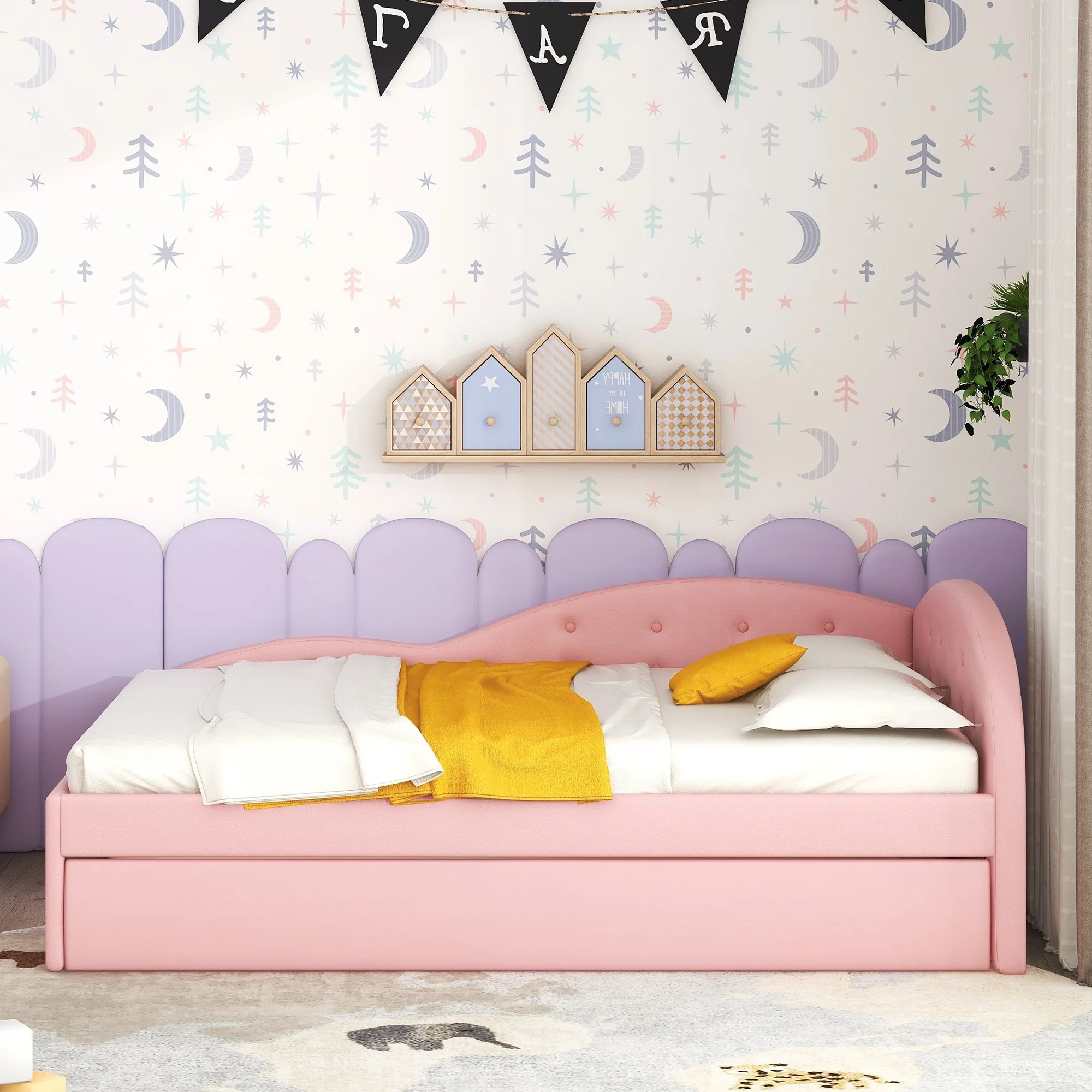 Euroco Full Size PU Upholstery Daybed, Tufted Sofa Bed with Trundle for Kids Room, Pink