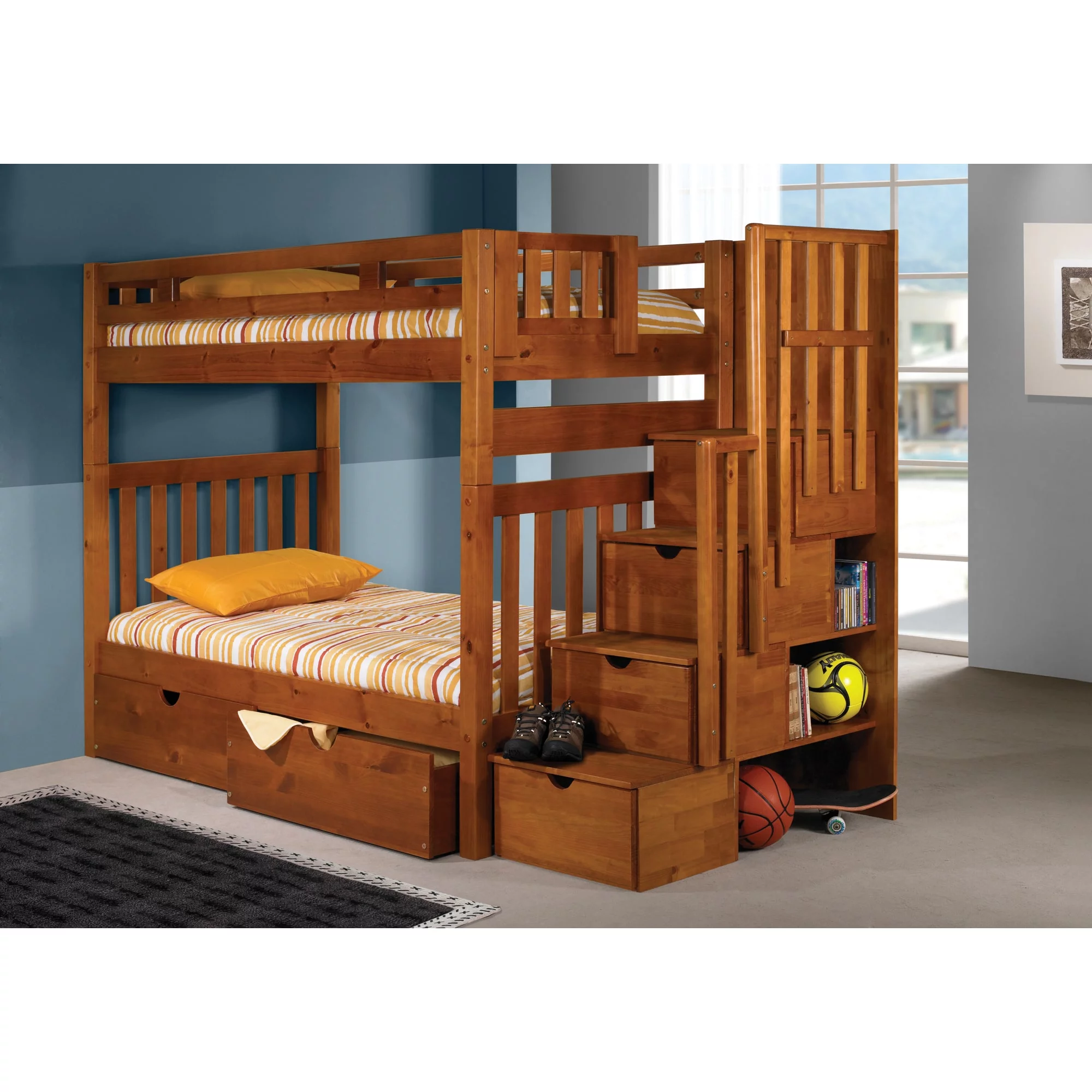 Pivot Direct PD-200H-TT-505 Tall Twin over Twin Mission Stairway Bunk Bed with Storage Drawers in Honey