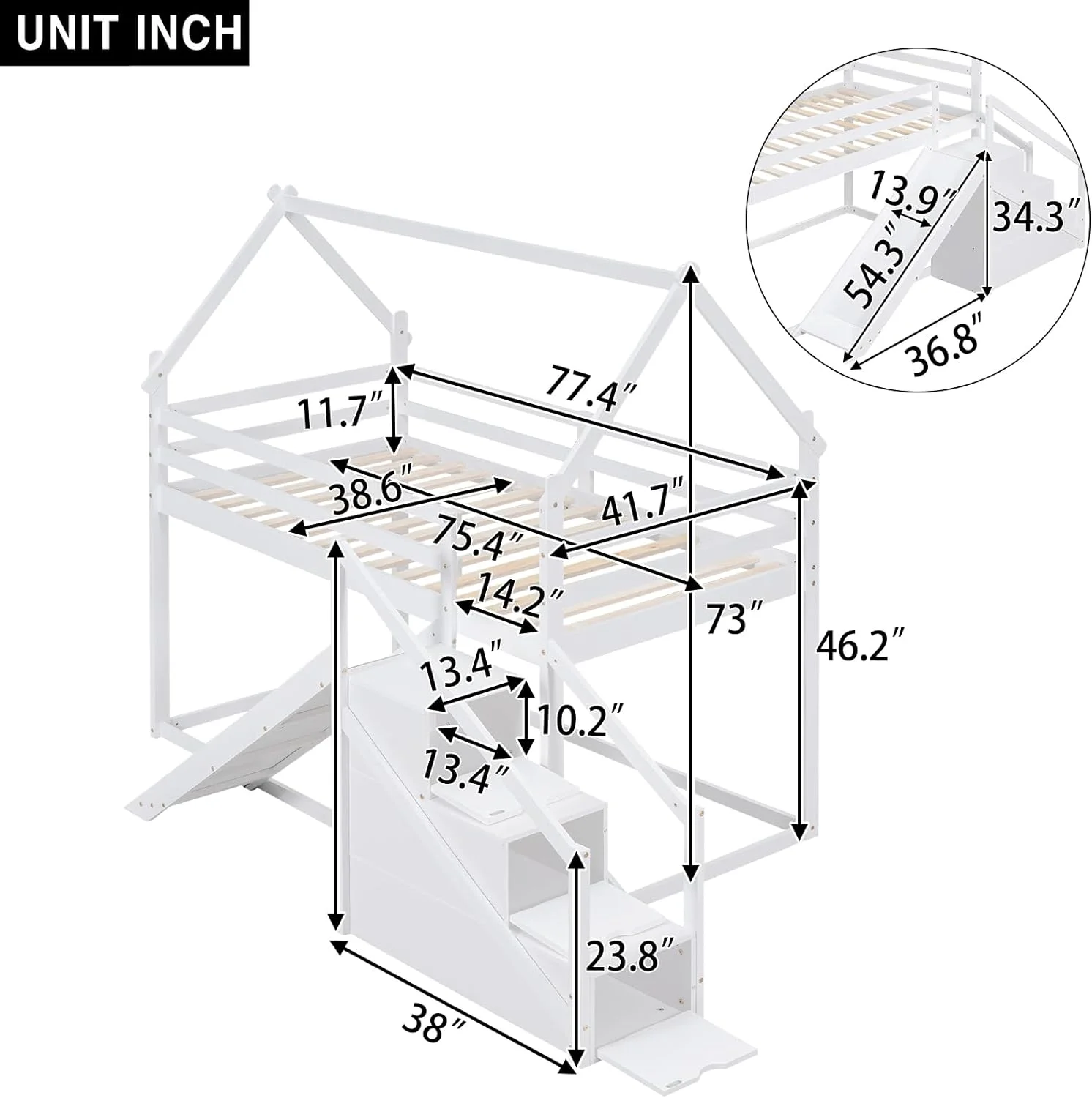 Twin Over Twin House Loft or Bunk Bed with Slide and Staircase, Bunk Bed for Kids with Stairs, Wooden Bunk Bed with Roof for Bedroom Furniture, White