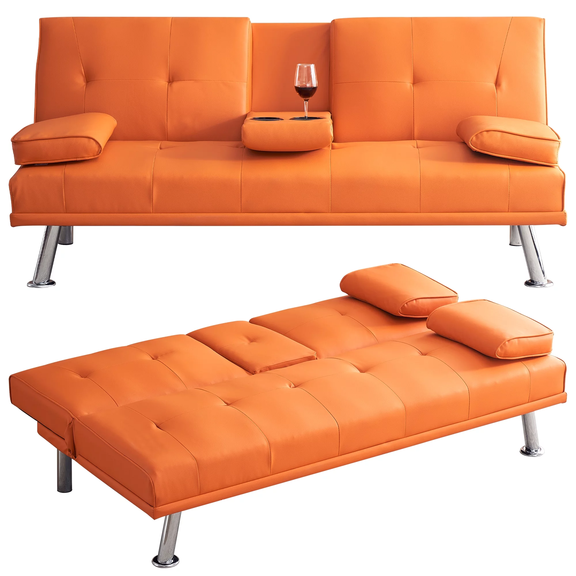 Ucloveria PU Leather Folding Sofa Bed with 2 Cup Holders, Multifunctional Sofa Sleeper Adjustable Back for Living Room, Covertible Loveseat Sofabed Couches, Orange