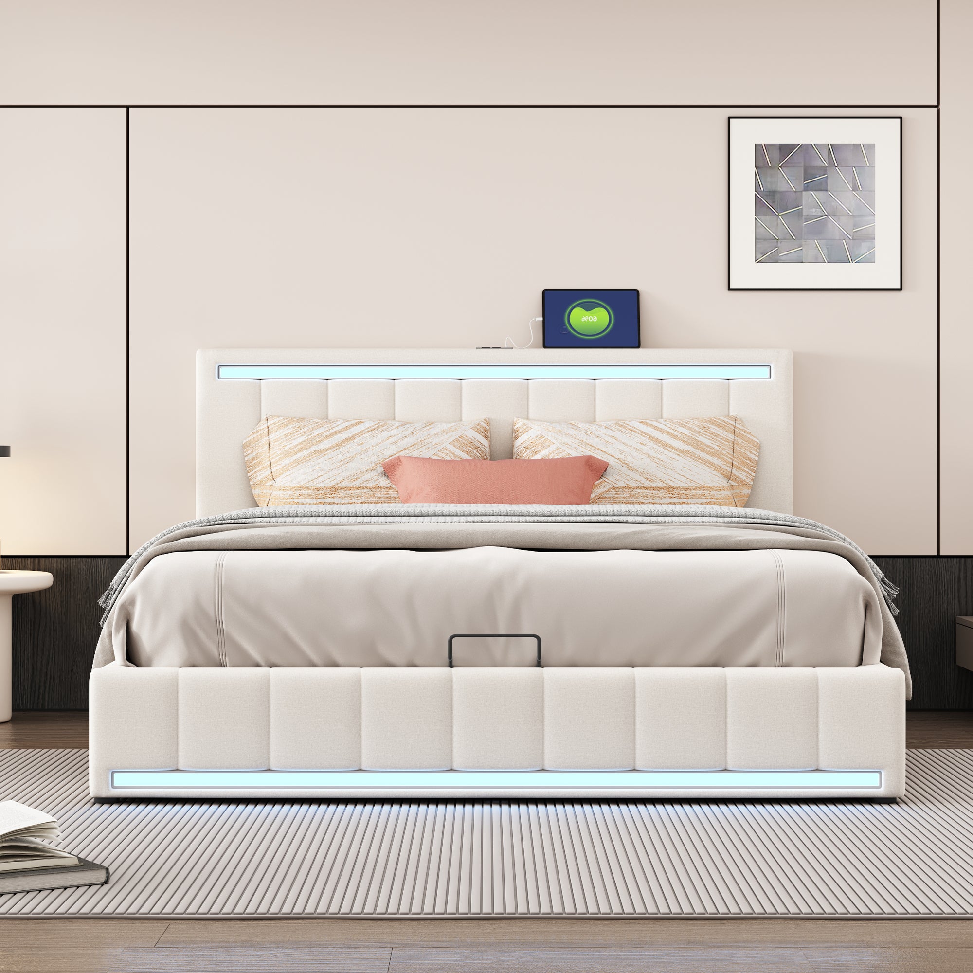 Vesper II Queen Size Platform Bed with Hydraulic Storage System - Beige