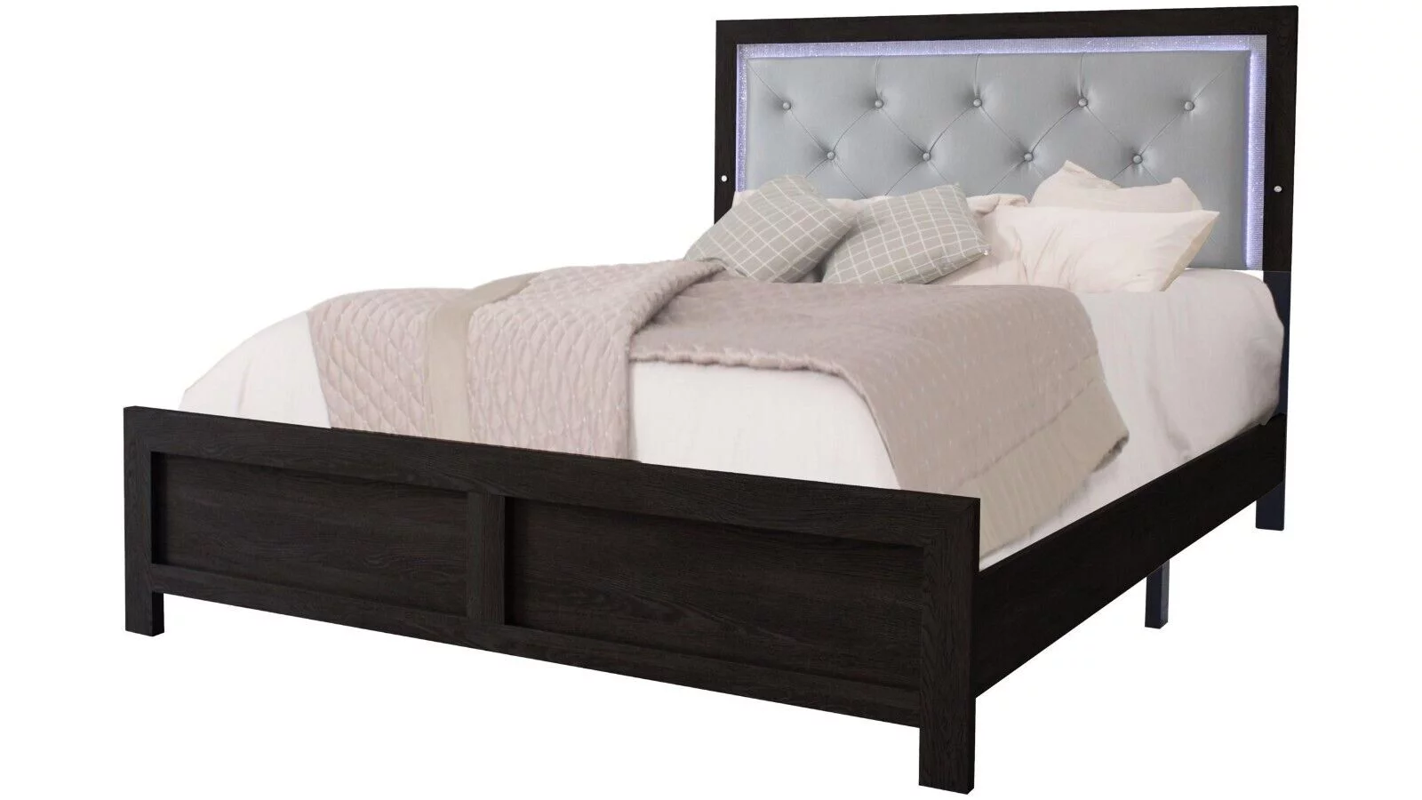 Modern 5pc Queen Size PU Upholstered LED Headboard Bed Dresser Mirror Nightstands Wooden Bedroom Furniture Set Black Finish