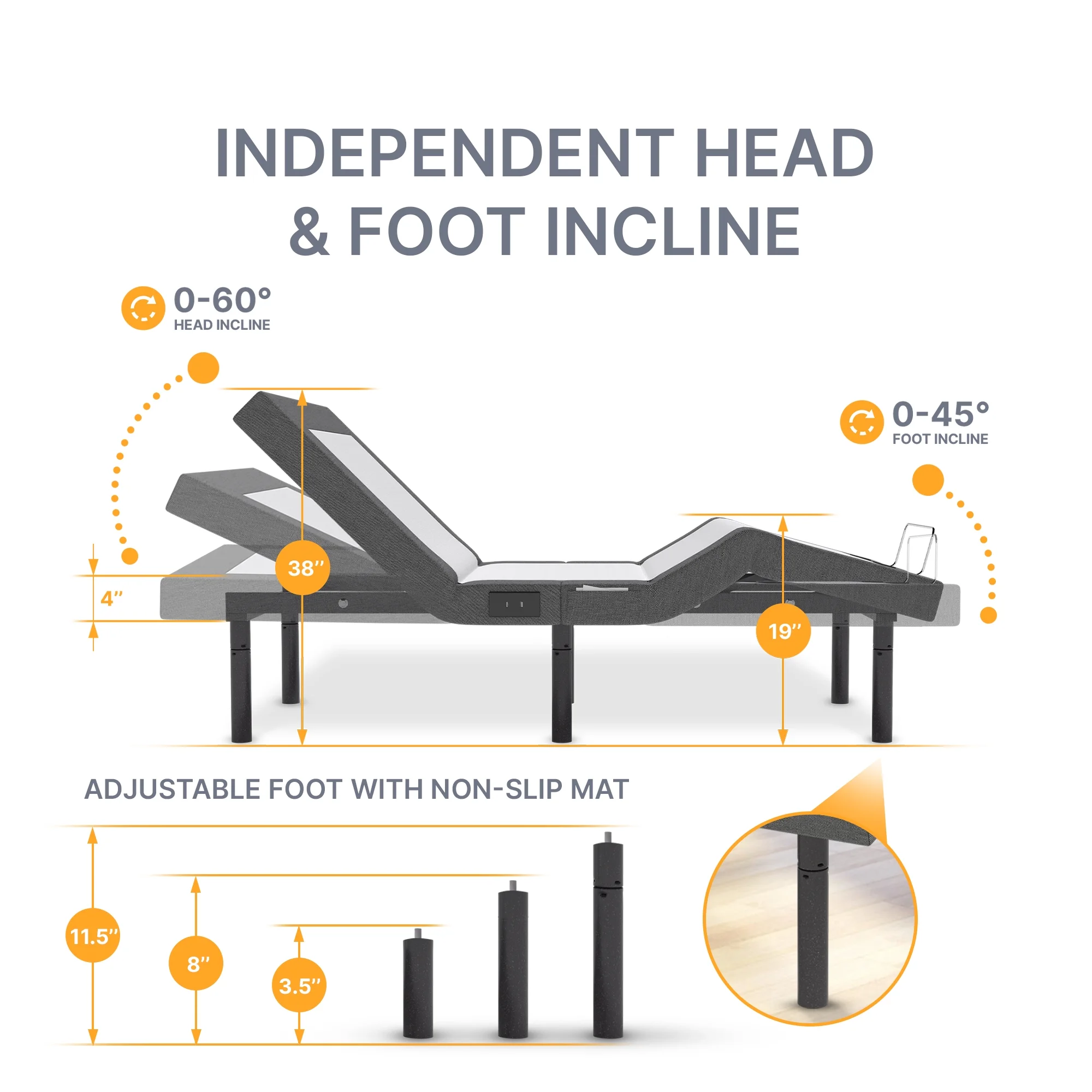 Renanim Adjustable Bed with Massage Head & Foot Incline - Remote, USB - Queen