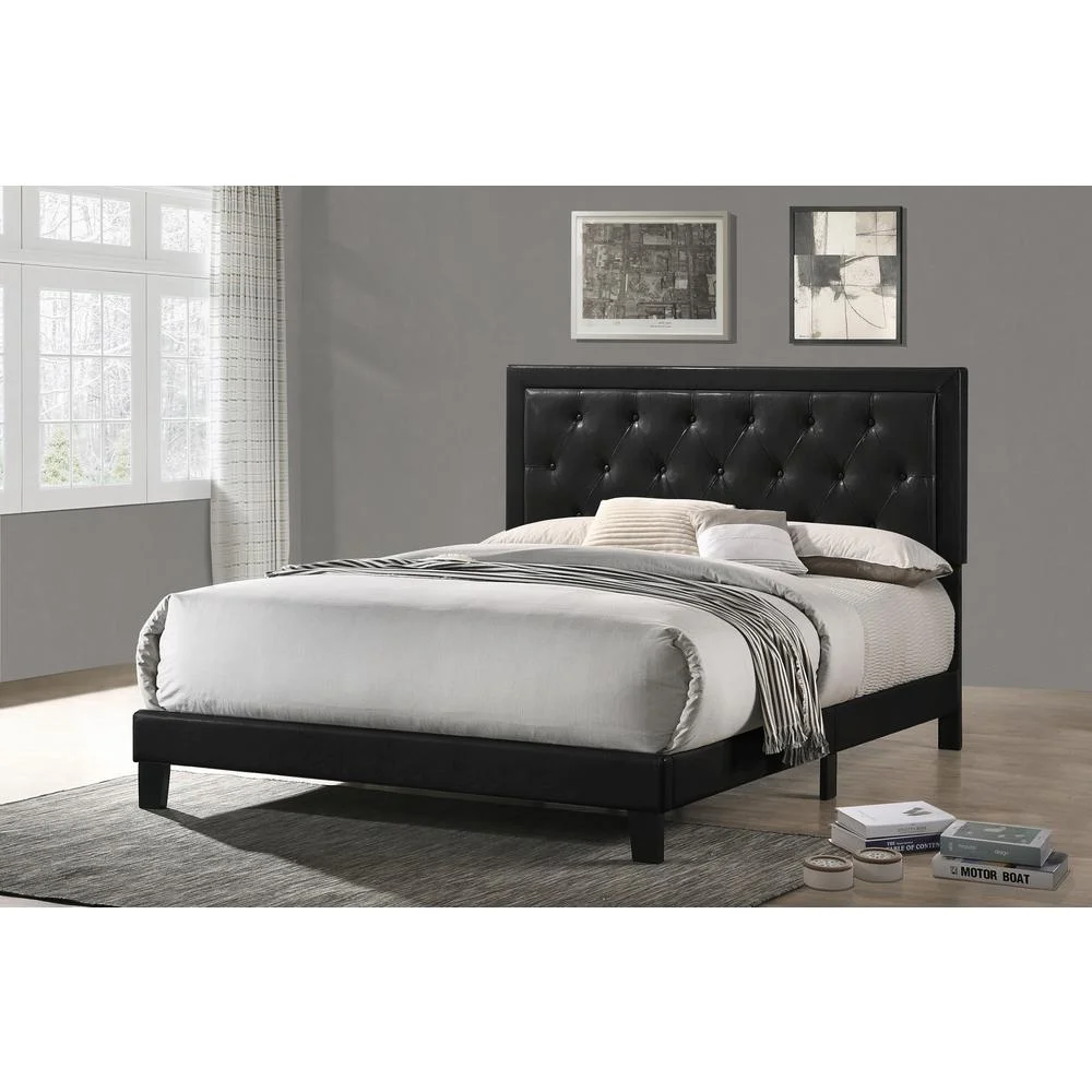Black Faux Leather Panel Bed with Tufted Headboard in Full