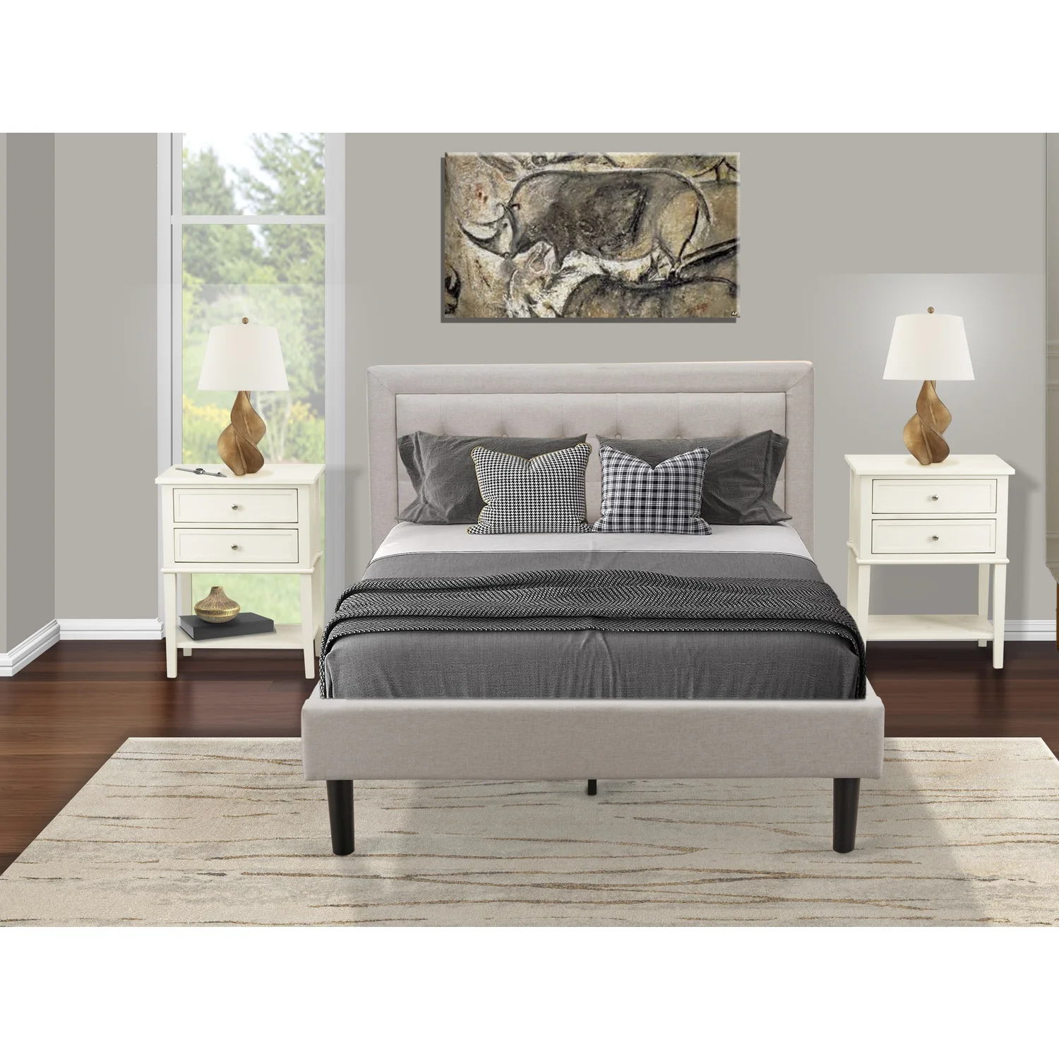 FN08K-2VL0C 3-Piece Platform Wooden Set for Bedroom with 1 King Size Bed and 2 Night Stands - Reliable and Durable Construction - Mist Beige Linen Fabric