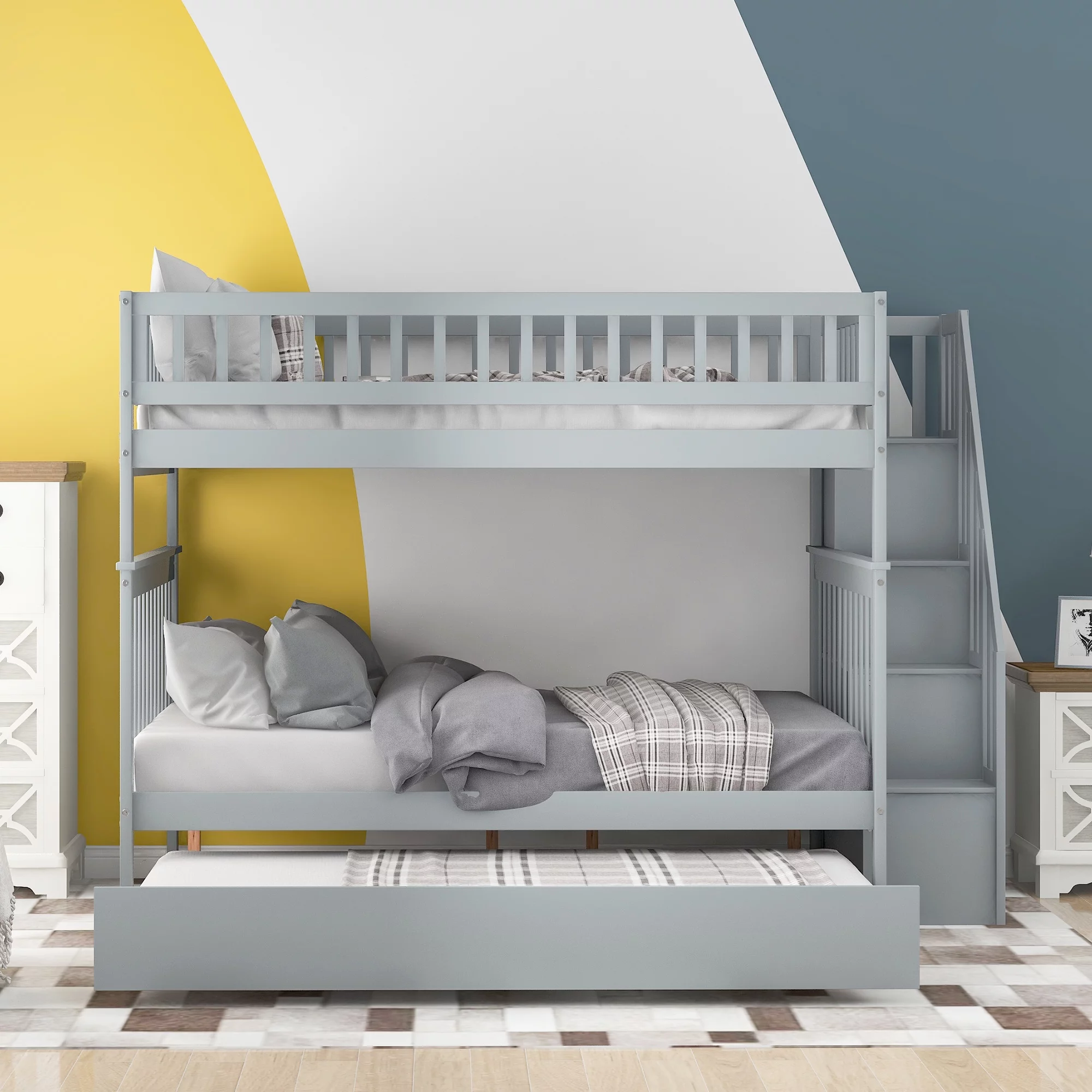 Euroco Full over Full Bunk Bed with Trundle and Storage Shelves for Kids, Gray