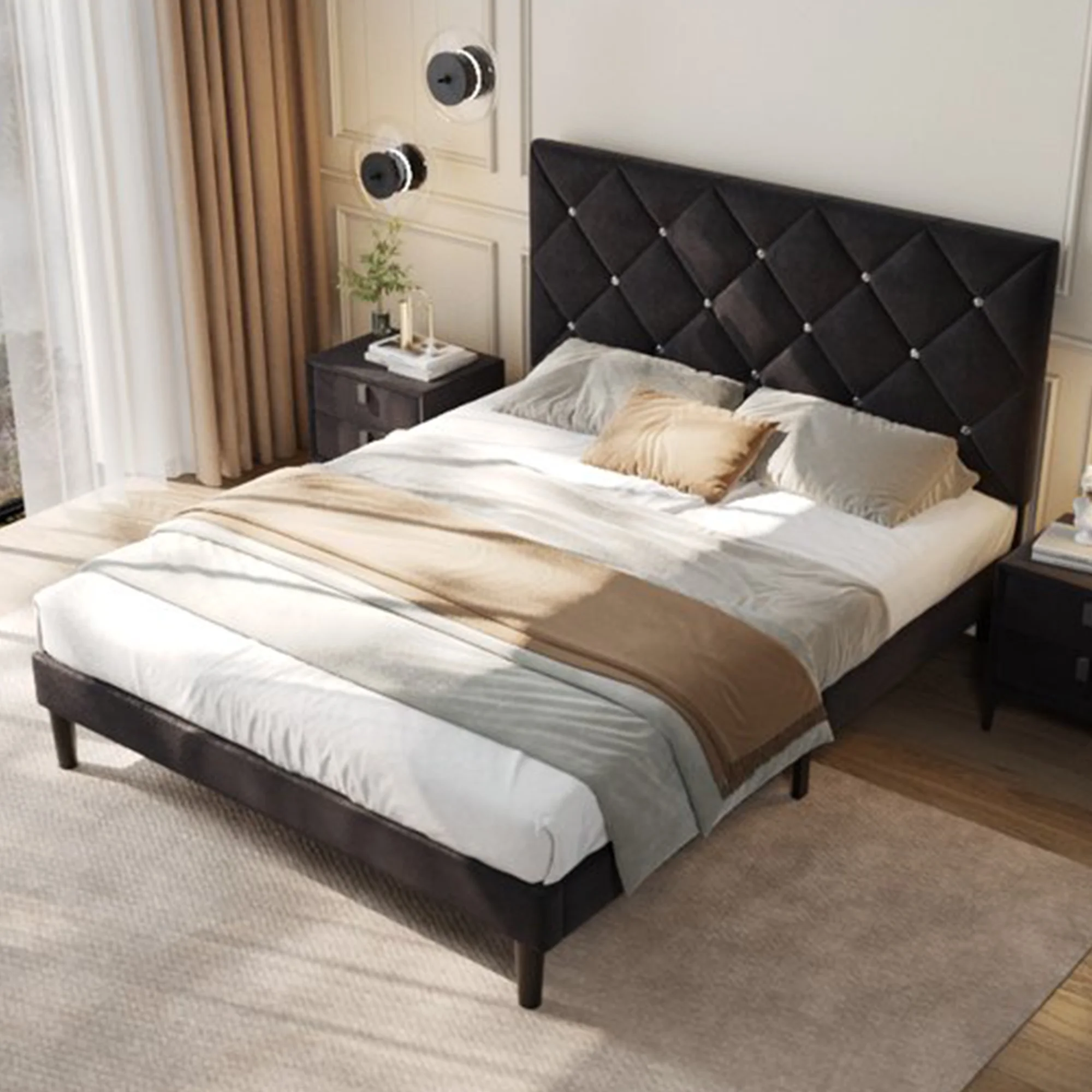 Sesslife Black Platform Bed Frame, Full Size Upholstered Platform with Headboard and Strong Wooden Slats, No Box Spring Needed, Easy Assembly