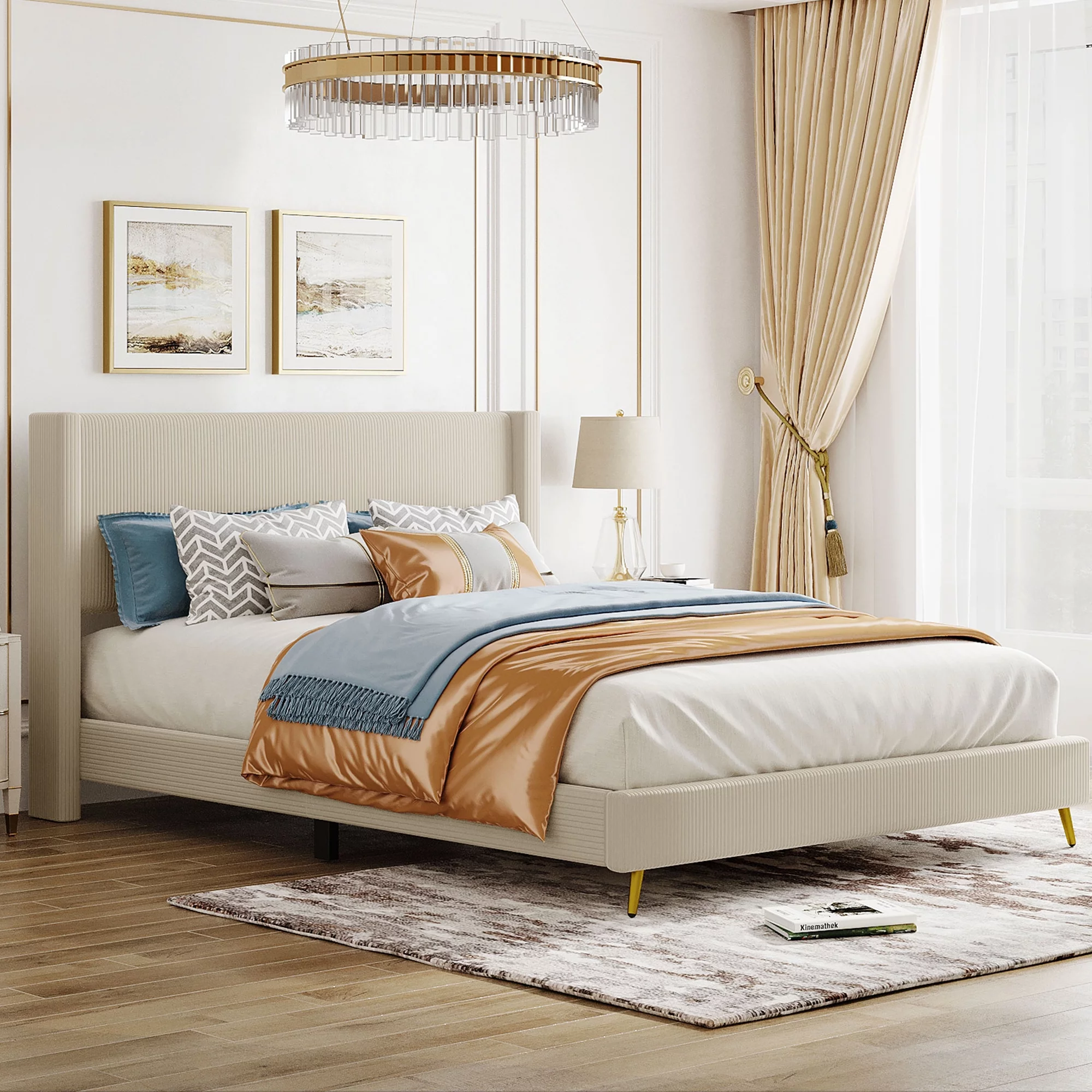 HSUNNS Queen Size Bed Frame, Platform Bed Frame with Corduroy Upholstered Headboard, Modern Bedroom Furniture, Wooden Slat Support, Metal Legs, No Box Spring Needed, Beige